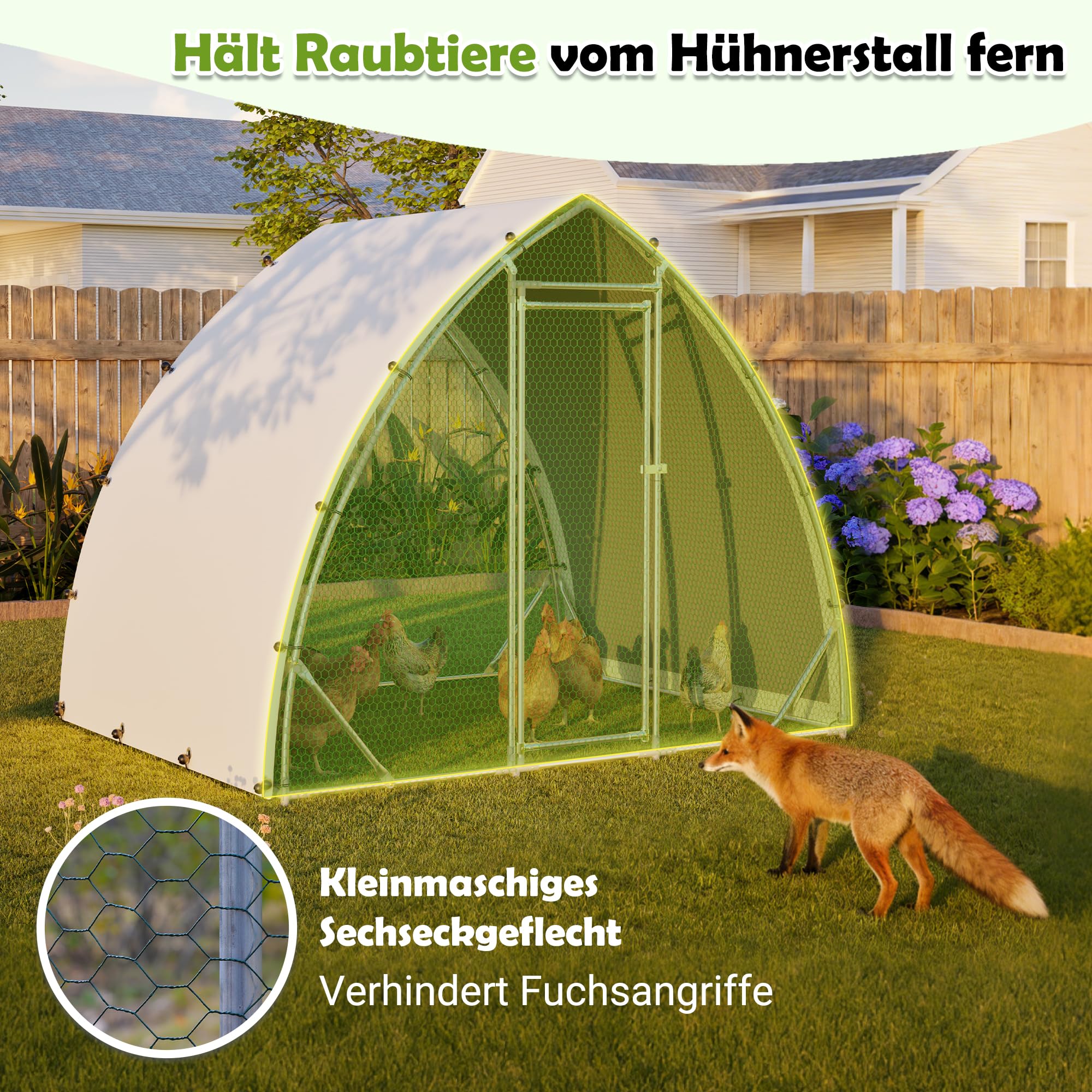 Thanaddo Hühnerstall Metall Freilaufgehege Hühner, 2,5x2 m Dreieckig-oval Hühnergehege mit PE-Tuch, Verzinkter Stahl Kleintierstall mit Riegelsystem-Tür für Hühner Haustierkäfig Kleintiere Garten