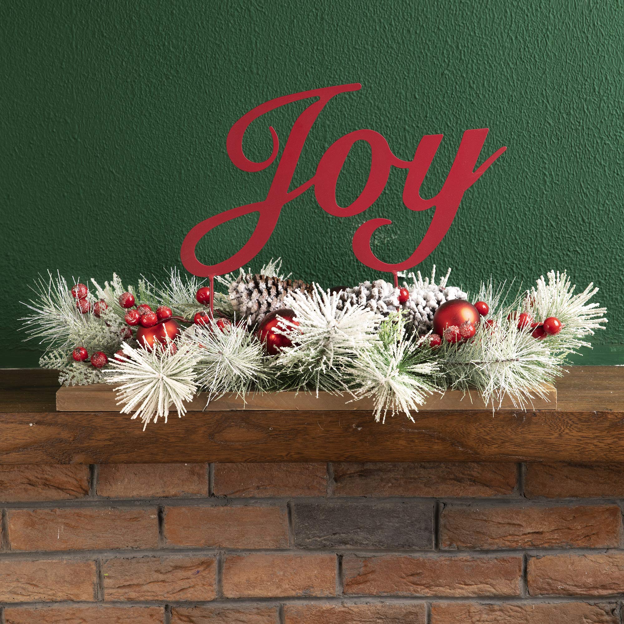 Christmas Metal Joy Sign with Snowy Pine Cone Berries, Winter Tabletop Centerpiece, Red, 20" L