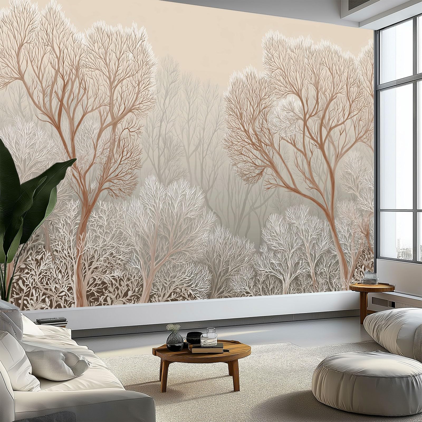 Générique Panoramiczna tapeta skandynawski las drzewa szara mgiełka 300 x 210 cm - nowoczesny gobelin ścienny z włókniny do salonu, sypialni lub pokoju dziecięcego