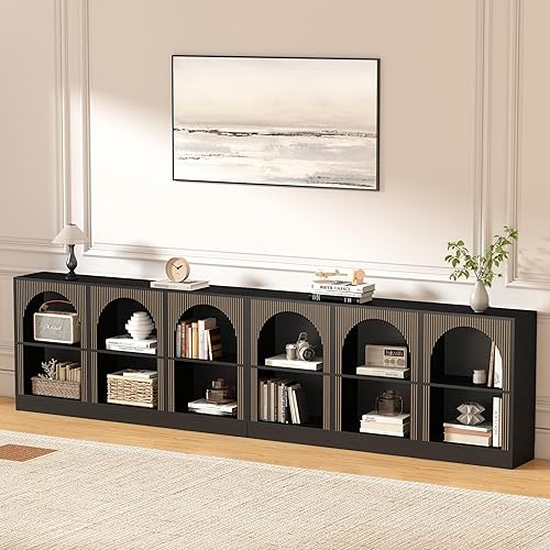 Juego de 2 mesas consolas, mesa de entrada arqueada extra larga de 126 pulgadas con almacenamiento abierto de 3 niveles, mesa rectangular de madera