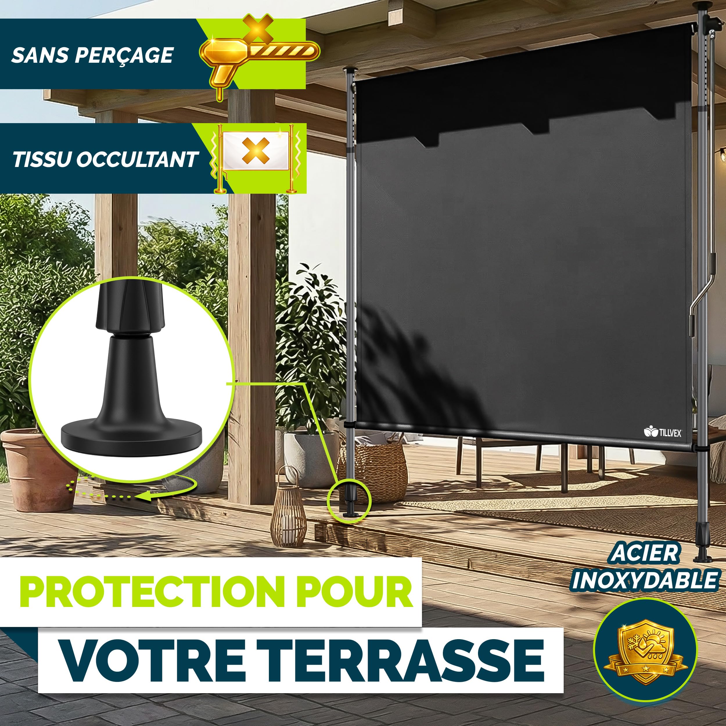 tillvex Store vertical 200 x 310 cm anthracite avec manivelle sans perçage | Brise-vue extensible et opaque | Store vertical pour balcon, terrasse, jardin | Store brise-vue résistant aux intempéries