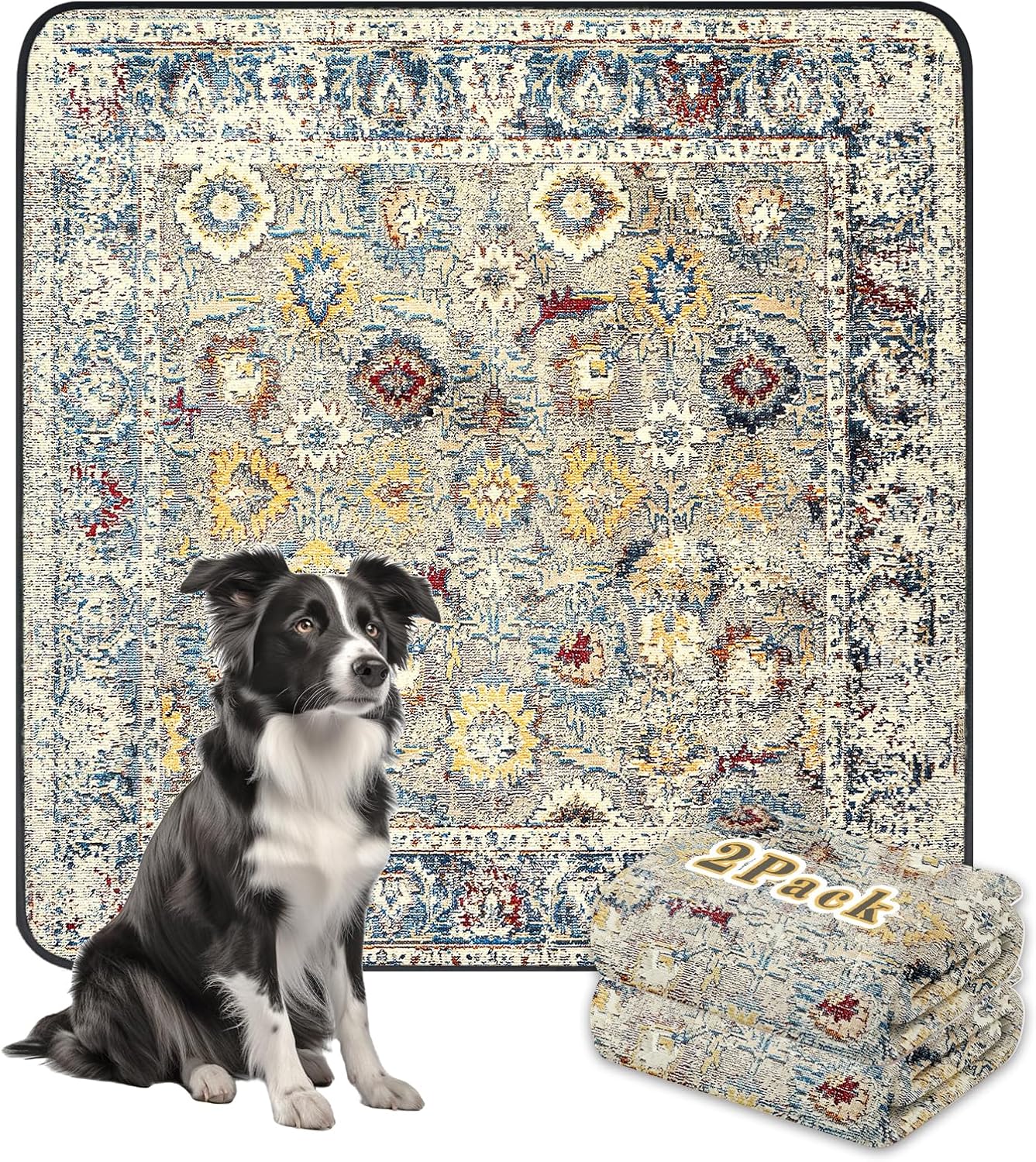 Washable Pee Pads for Dogs Large, 2 Pack, 48" x 48" Reusable Puppy Pads, Dog Playpen Mat, Super Absorbent Dog Pads, Leakproof, Waterproof Dog Training Pad, Dog Crate Pad, Whelping Pads, Vintage Vintage 48" x 48" (2 Pack)