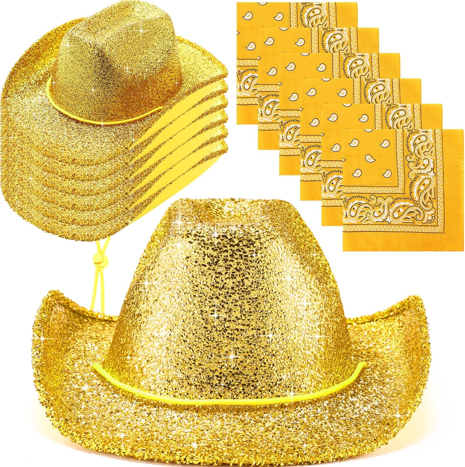 Sparkly Western Cowboy Hats Set with Bandanas, 12 pcs