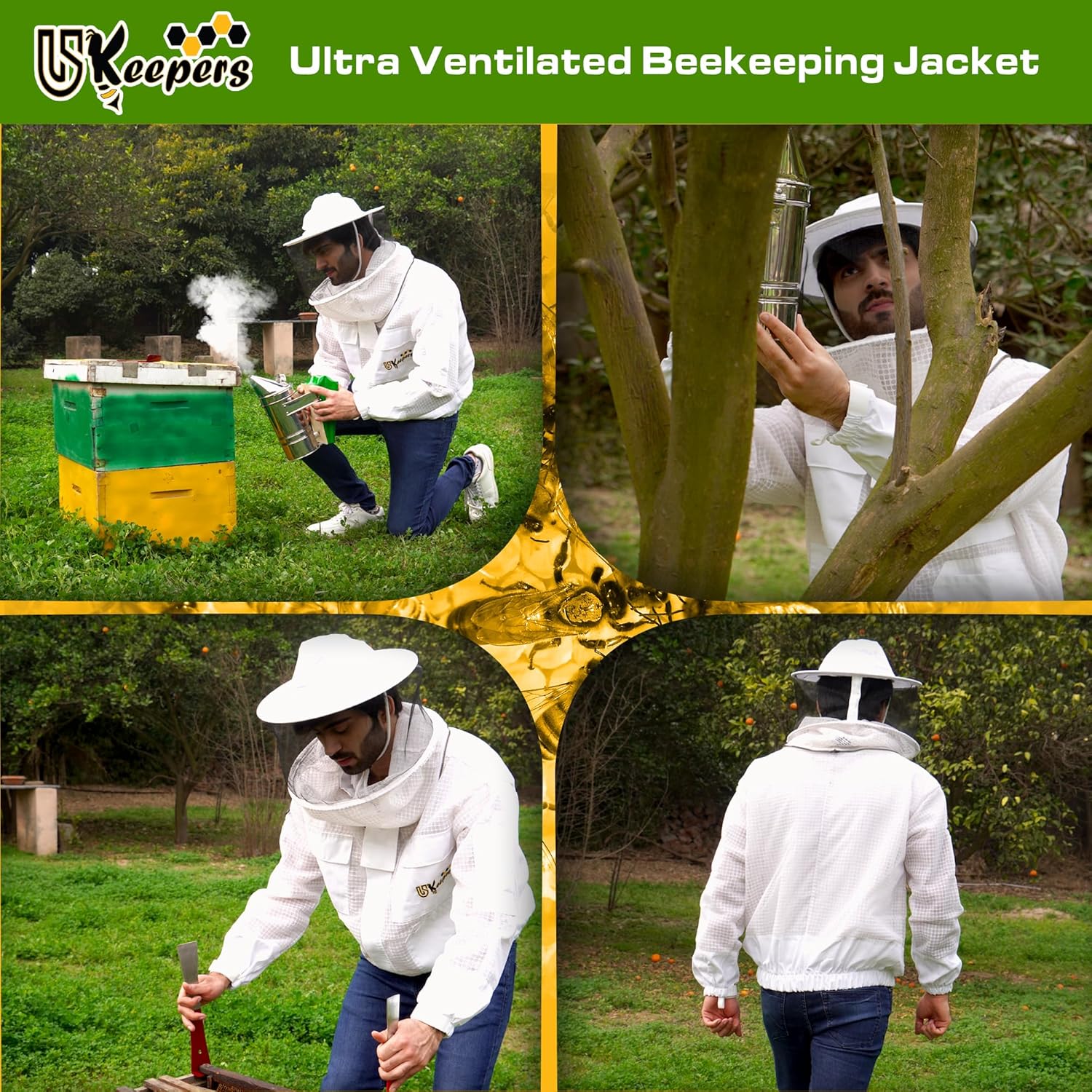 3 Layer Ventilated Bee Jacket for Men & Women, Premium Beekeeping Jacket with Gloves & Two Beekeeper Veils. (White J/XL)