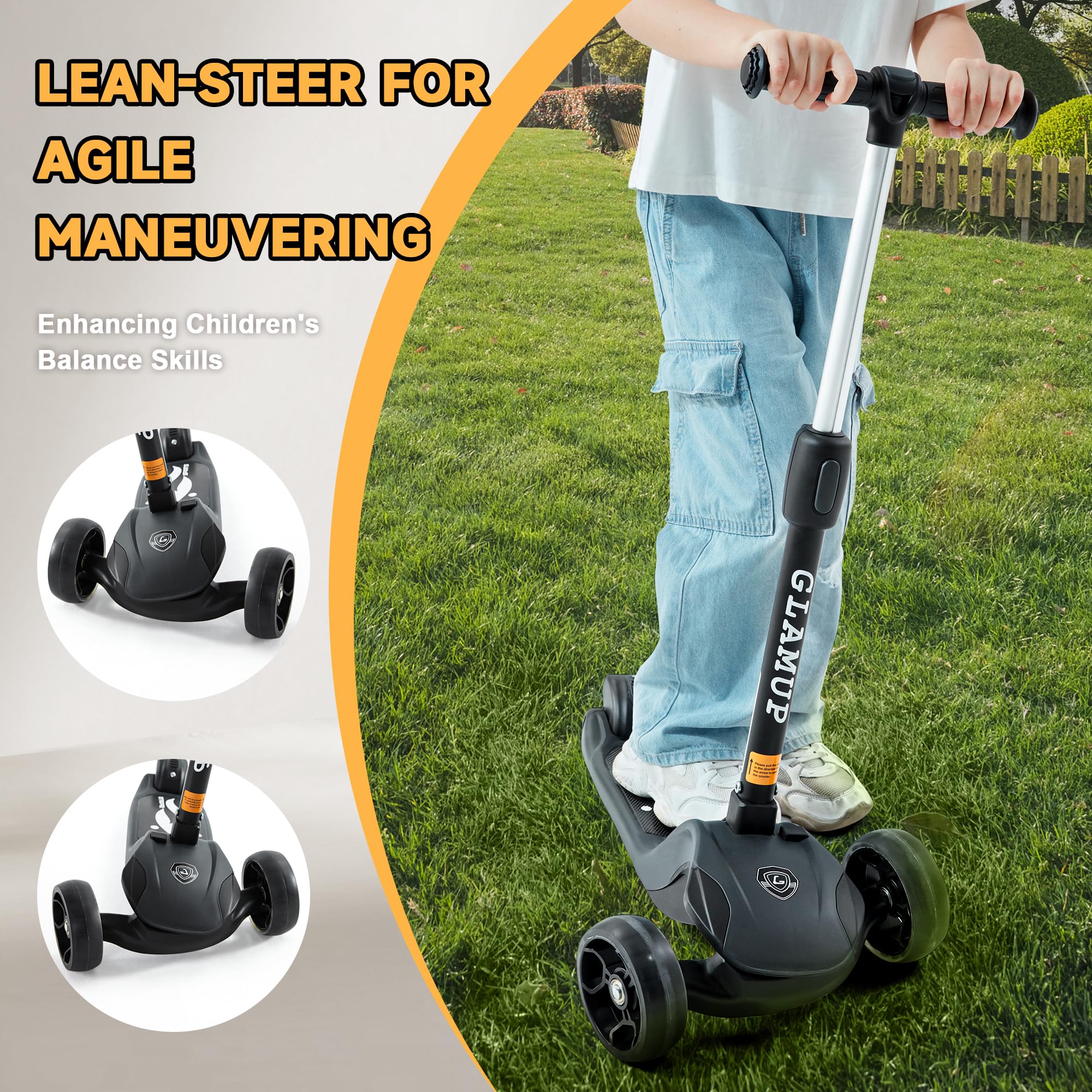 Patinete para niños, 3 ruedas, manillar ajustable en altura para niños, sistema de inclinación para dirección y mecanismo de plegado fácil, niños y niñas de 3 a 14 años (1003-negro) 6