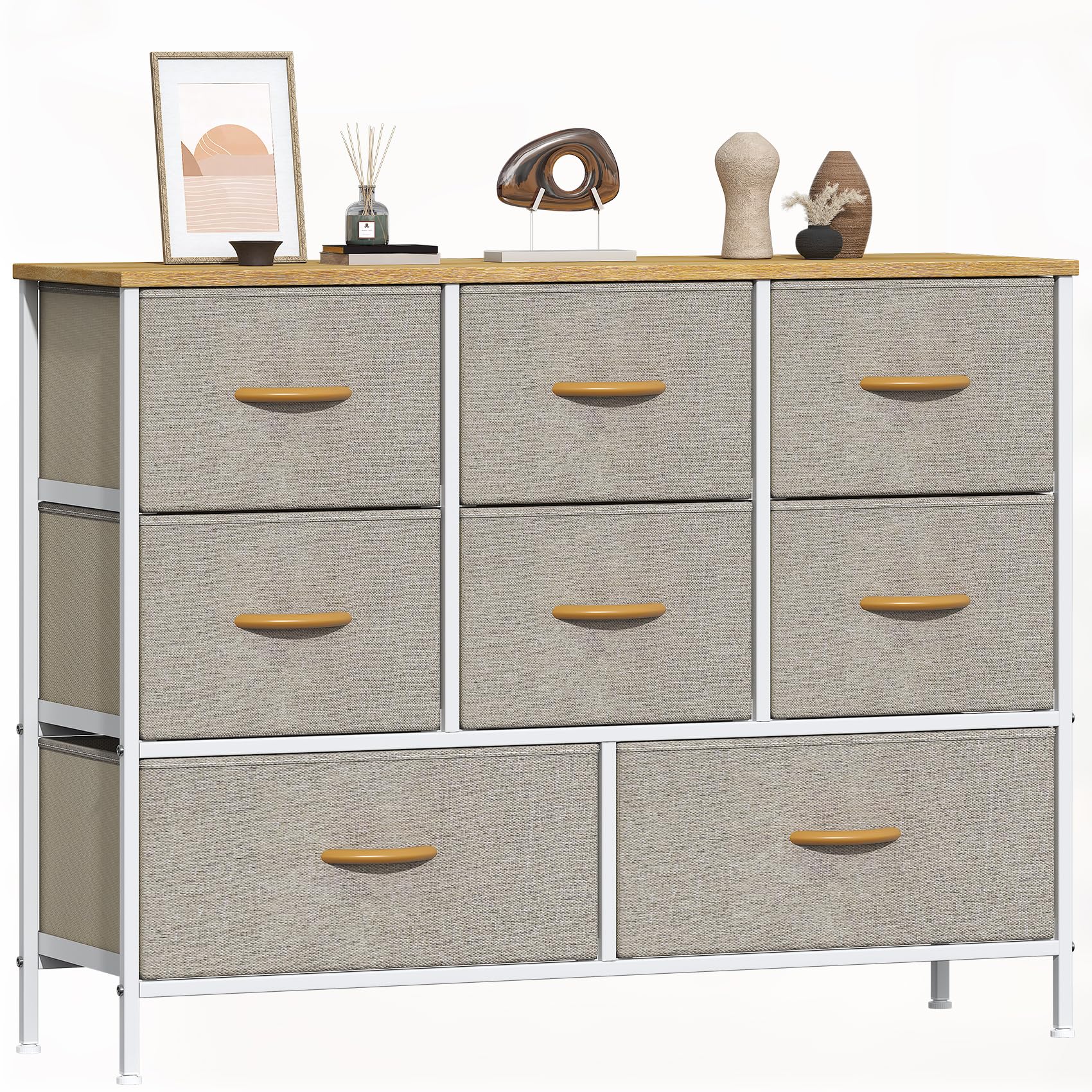 GoaHi Chest of Drawers, Fabric Dressers with Metal Frame and MDF Wooden Top Board, Adjustable Feet, Anti-Tip Safety, Storage Unit with 8 Drawers for Bedroom, Living Room, Closet, Beige