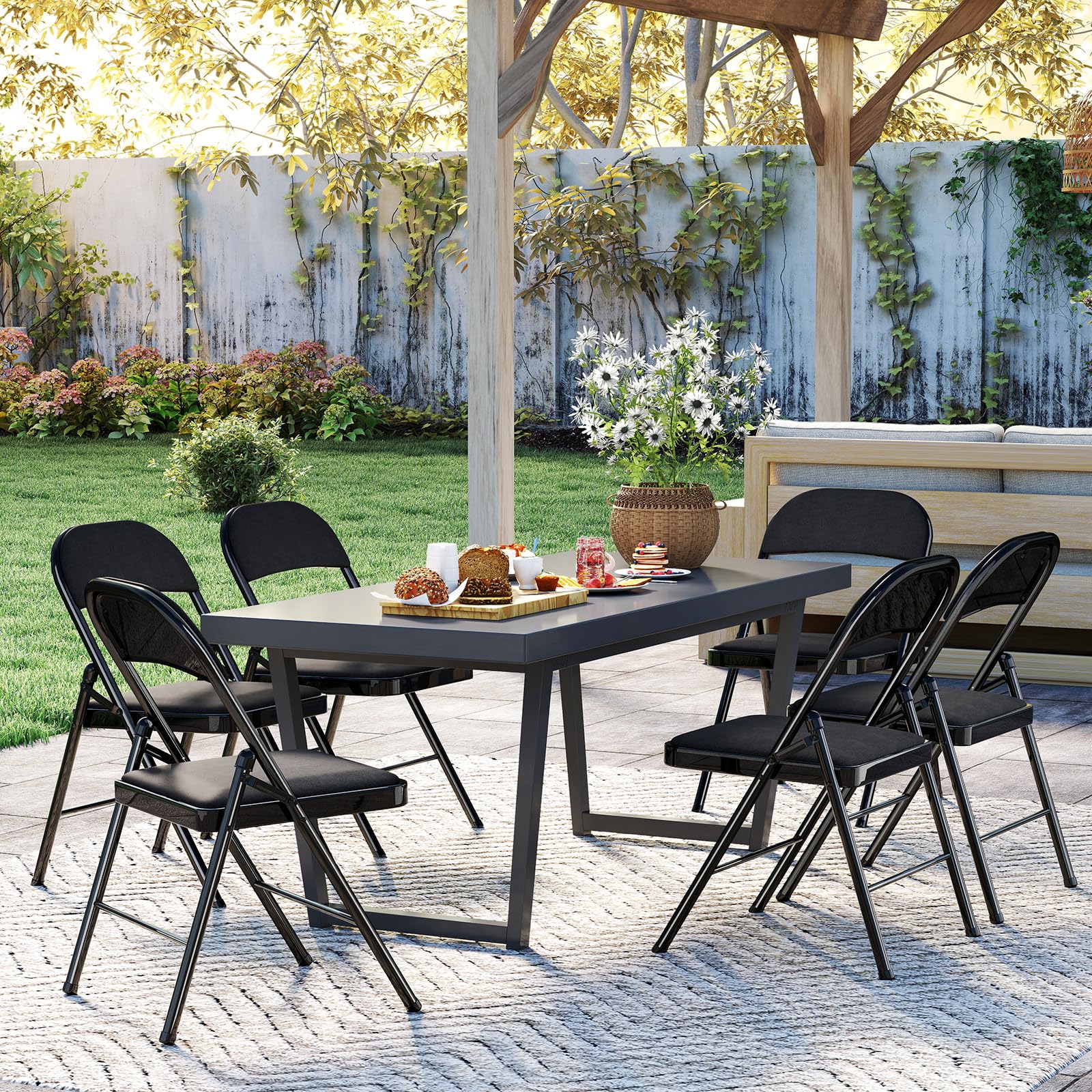 Chaise Pliante Confortable, Set de 6 Chaise Pliante Interieur, Chaise Pliante Exterieur jusqu'à 158 KG,métal Chaise Pliable pour invités, Cuisine, Camping, Chaise de Jardin Pliante Noir