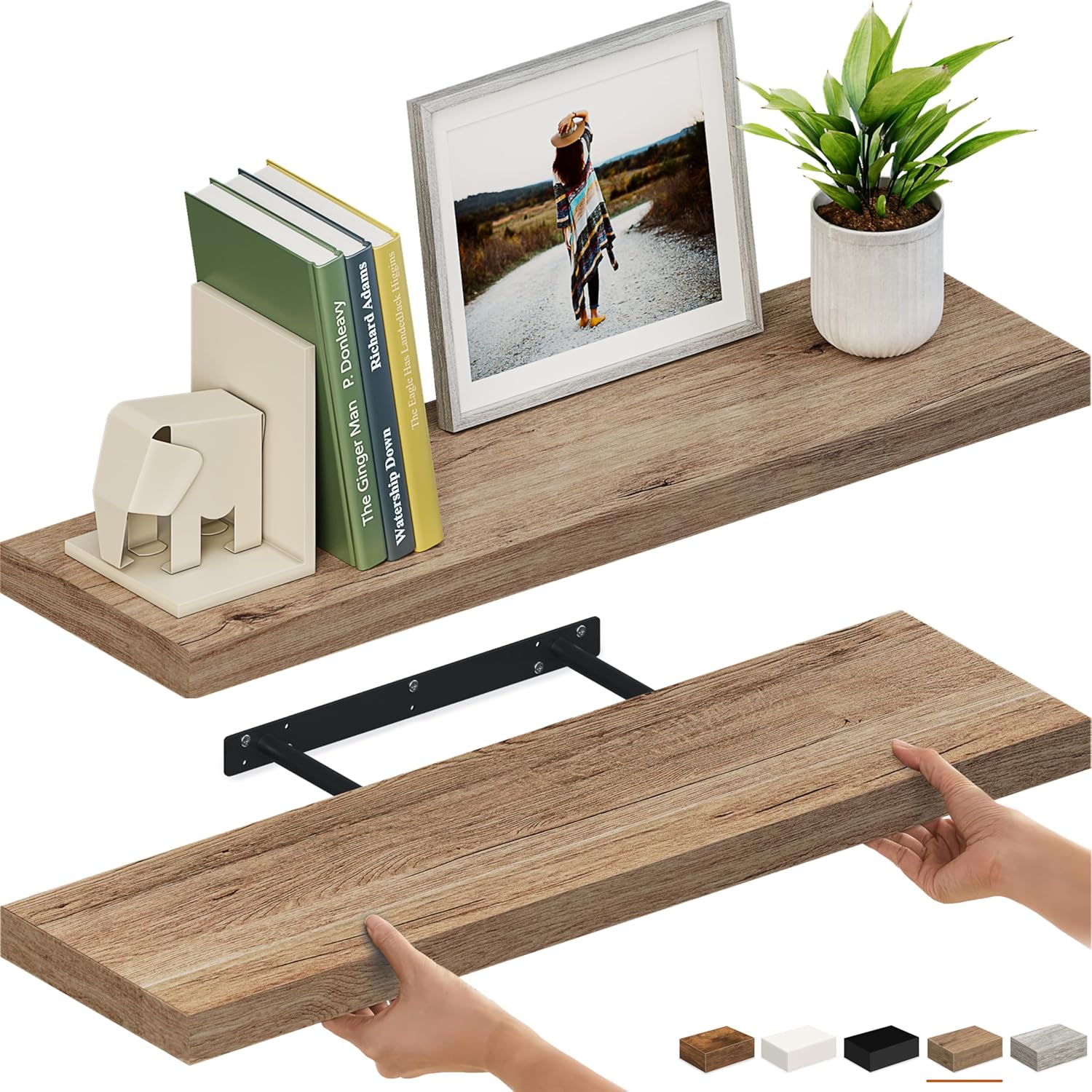 Ballucci Floating Shelves for Wall, 36" Wood Wall Shelf Set of 2, with Invisible Brackets for Bathroom, Living Room, Bedroom, Kitchen, Nursery, 8" Deep, Oak Finish 36" - 2 Pieces Oak