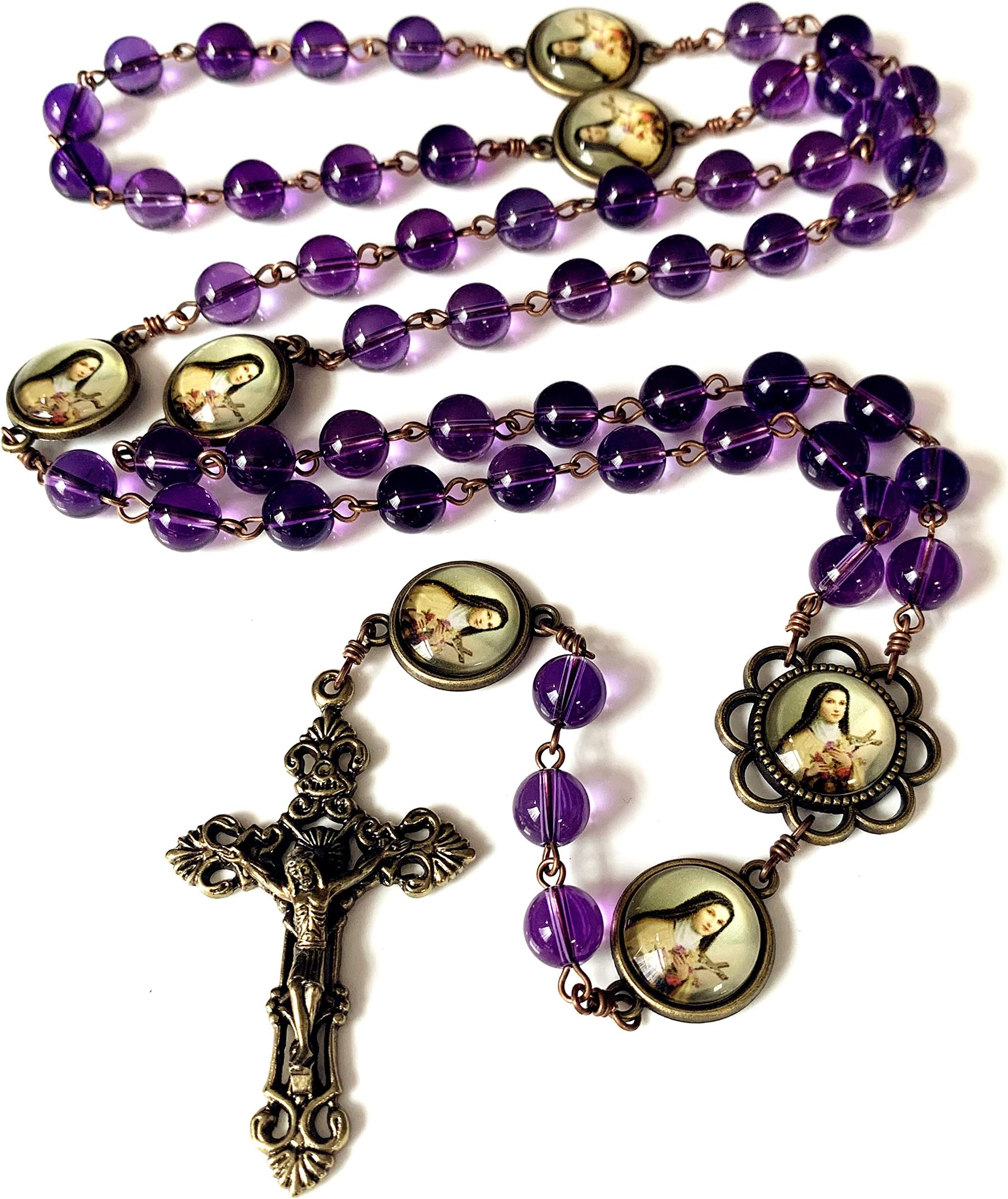 elegantmedical Handmade ST.Therese Rosary Cross Crucifix Necklace Box Amethyst Beads Catholic Gift
