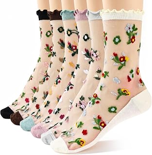 Jeasona 여성용 시어 메시 크루 양말, 귀여운 꽃무늬 하트 패턴 러플 앵클 투명 패션 양말 여성용 여아용