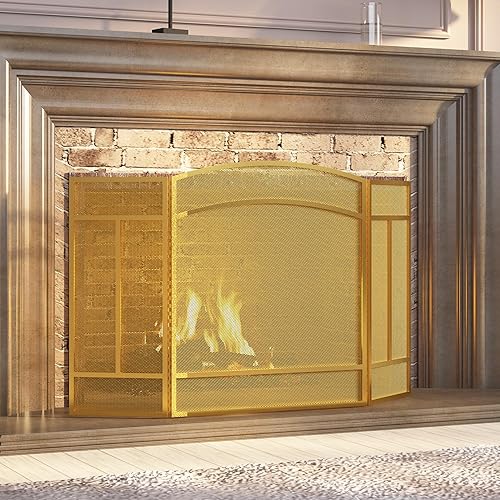 Miniatura 3 de Pantalla para chimenea Fire Beauty de 3 paneles, hierro forjado, 122 cm (L) x 74 cm (H), cubierta protectora contra chispas (Dorado Pulverulento)