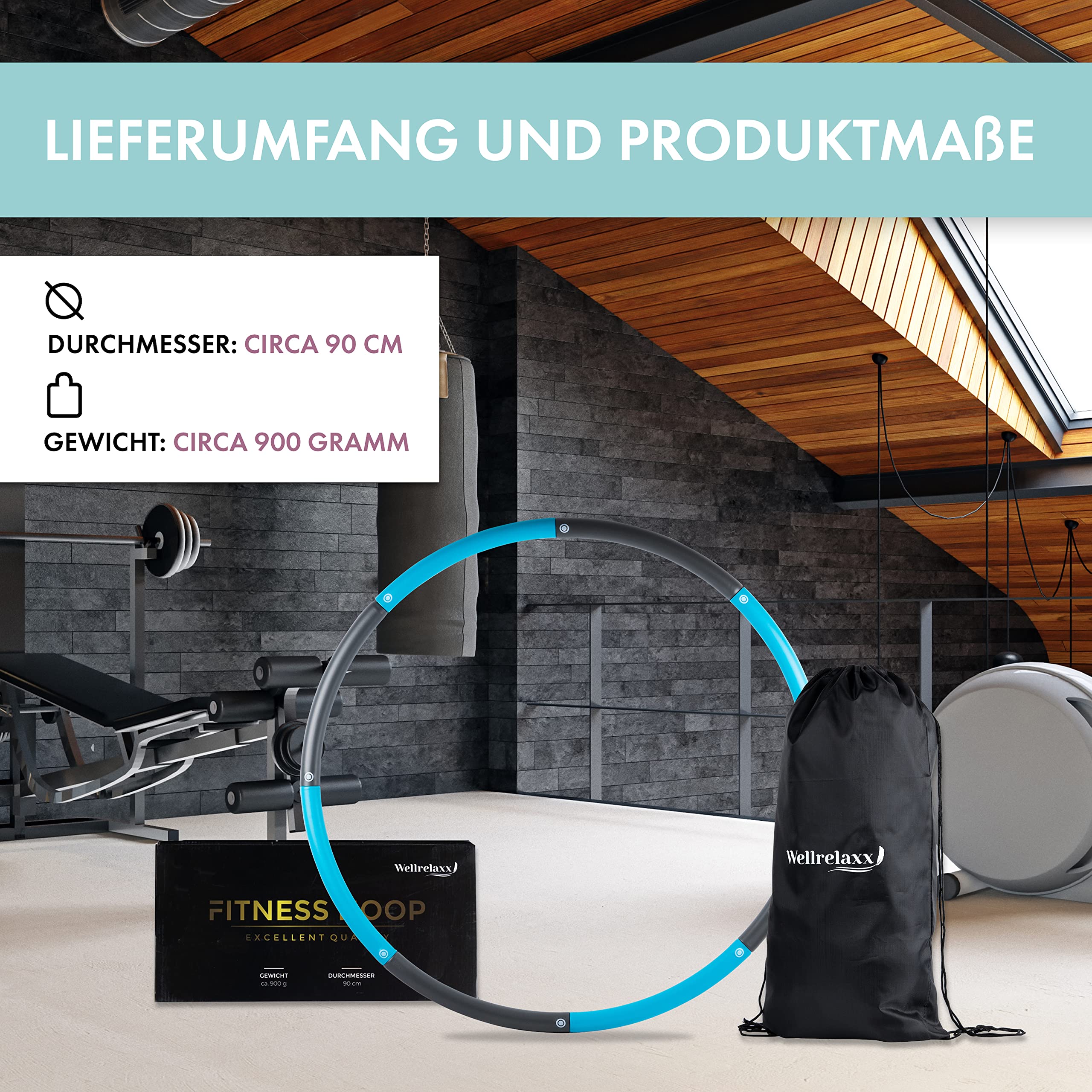 WELLRELAXX Hula Hoop Reifen Erwachsene Anfänger | 0,9kg | 90cm | Stabiler Hula Hoop ohne Wellen für Training mit Freude | Hulahoopreifen zum Abnehmen bestehend aus 8 Elementen mit Tragebeutel