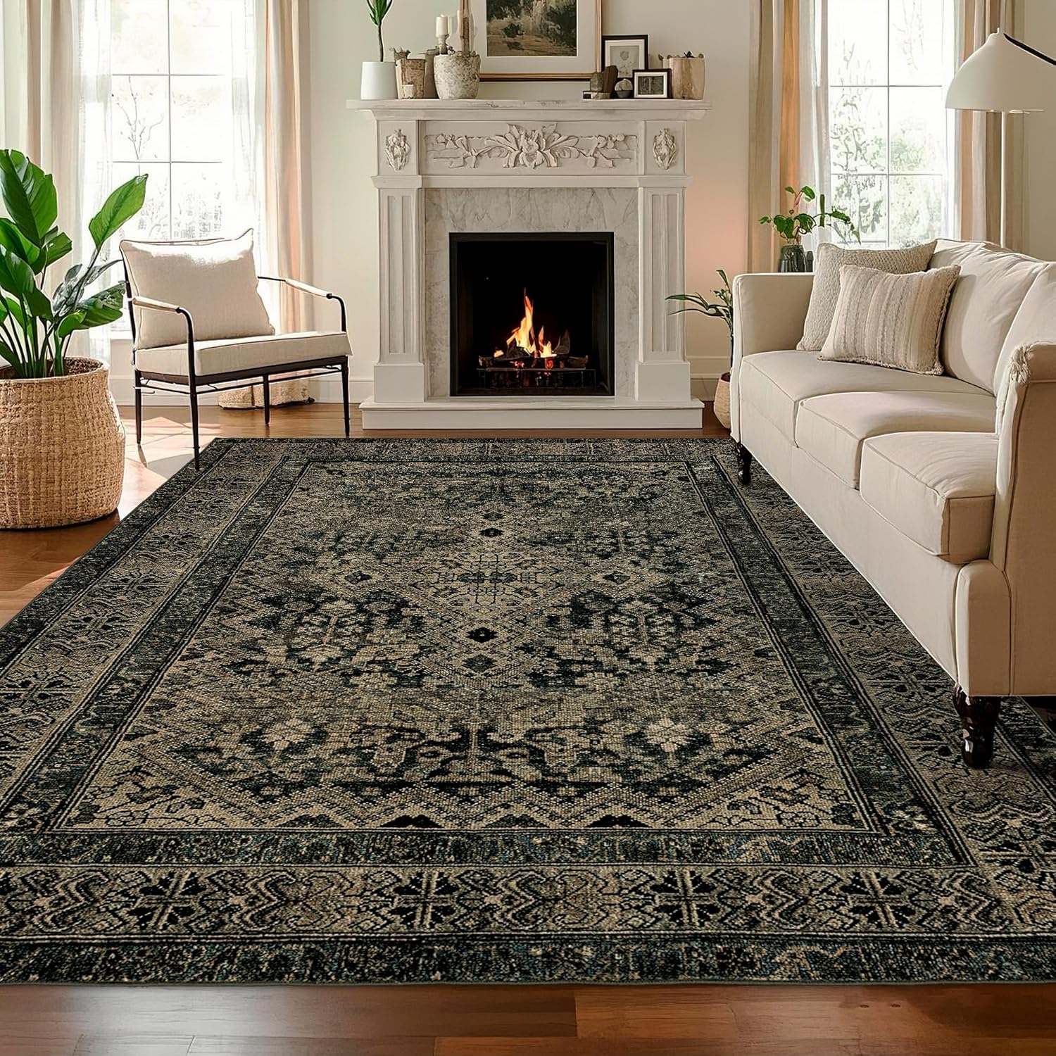 Boho Washable Rug for Living Room: Vintage 8x10 Area Rugs for Bedroom Soft Non Slip - Thin Stain Resistant Carpet for Dining Room Indoor - Dark Green