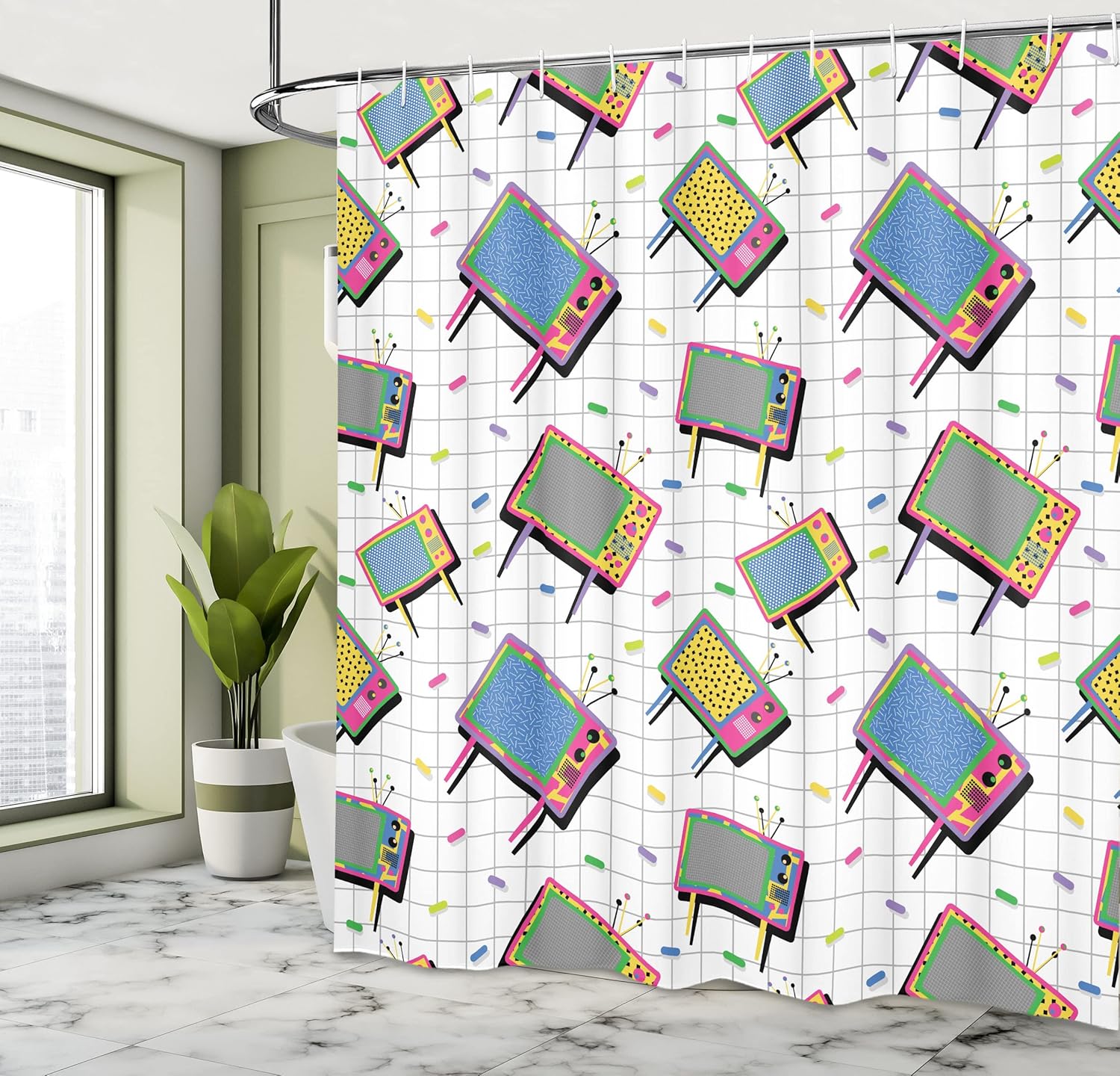 Ambesonne Vintage Shower Curtain, Funny Retro 80s Memphis Neon Color TV with Background Cartoon Style Vintage Design, Cloth Fabric Bathroom Decor Set with Hooks, 69" W x 75" L, Grey Blue