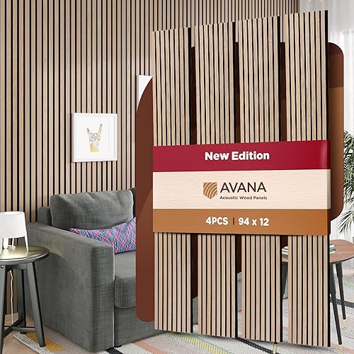 Miniatura 13 de Avana Paneles de pared de madera acústica de 94.4 x 12.6 pulgadas, 4 paneles acústicos de roble negro, 4 unidades, paneles de pared para decoración