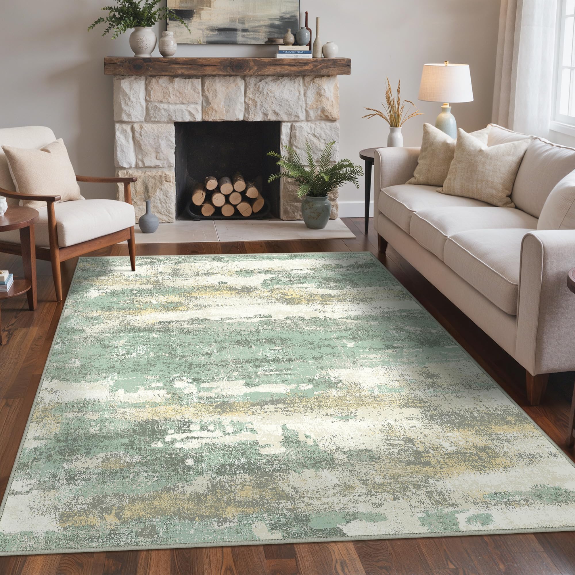 Large Washable Rugs Living Room 160x230cm, Abstract Area Rugs for Bedroom Soft Short Pile, Machine Washable Rug Non-Slip Rugs for Living Room, Dining Room, Green
