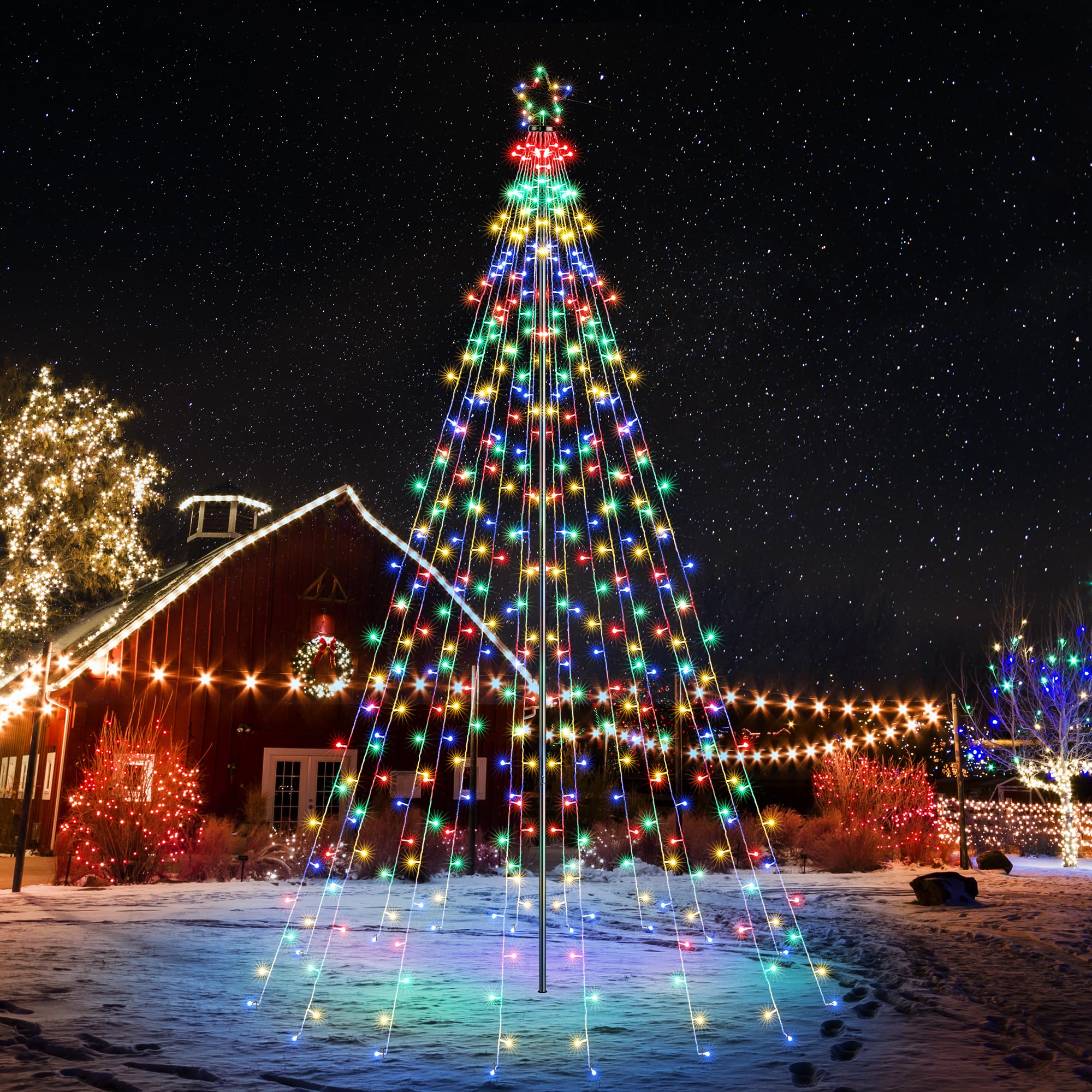 iBaycon Weihnachtsbeleuchtung Außen mit Stern 3.87M 568 LED Bunt | 16 Girlanden Weihnachtsbaum Lichterkette,8 Modi Fernbedienung Timer Dimmbar Weihnachtsdeko Aussen für Garten Rasen Hof