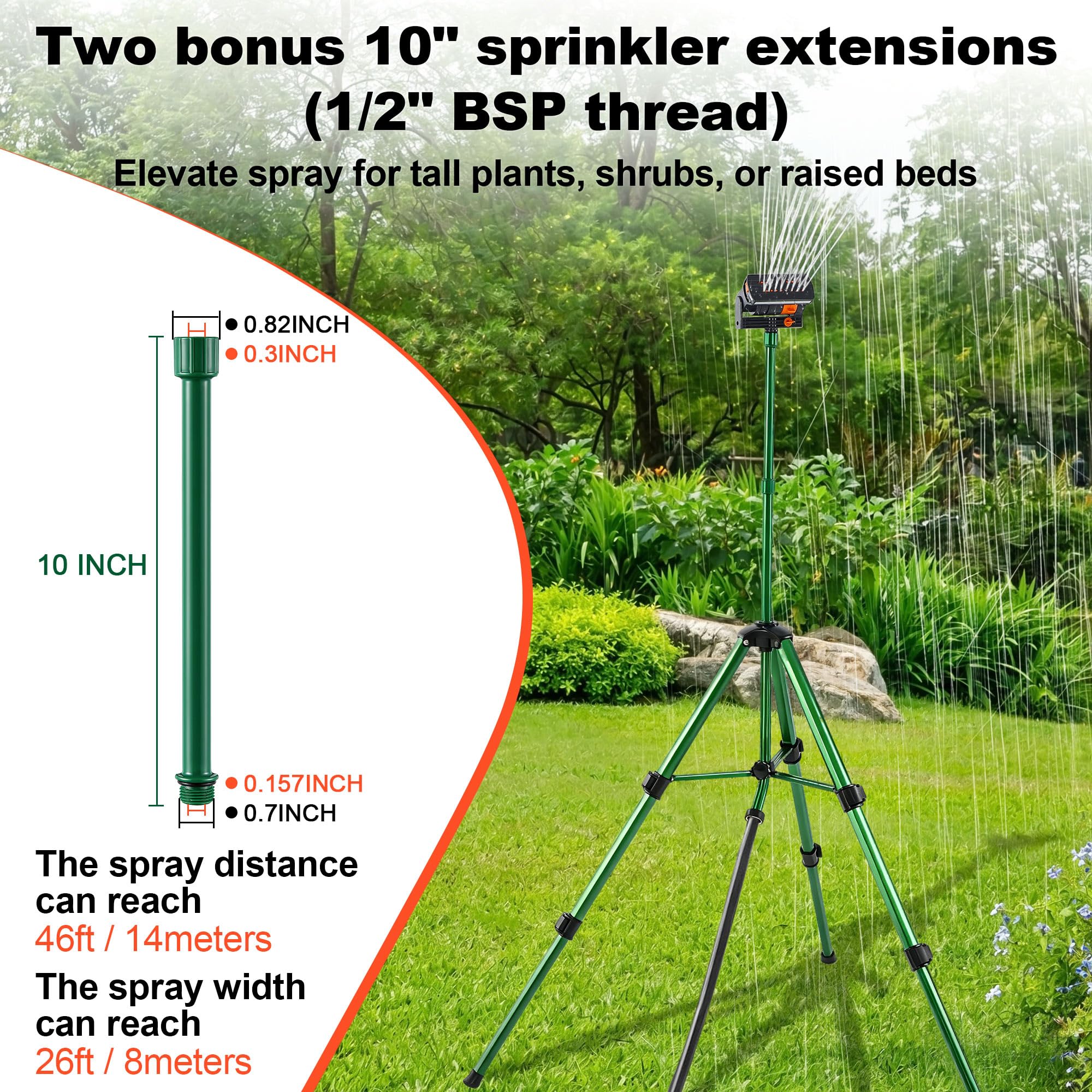 Oszillierender Sprinklerkopf auf Teleskop-Stativbasis mit 2 Sprinkler-Verlängerungen, robuste Rasensprenger, 360-Grad-Großflächenbewässerung, massive Metallverlängerungsbeine und