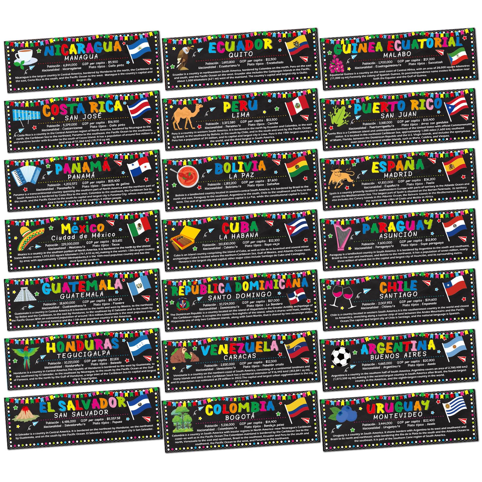 gisgfim 21 Pcs Spanish Language Country Posters Flags: Modern, Contemporary Educational-Cultural Posters for Spanish Classroom Decoration and Teacher Supplies