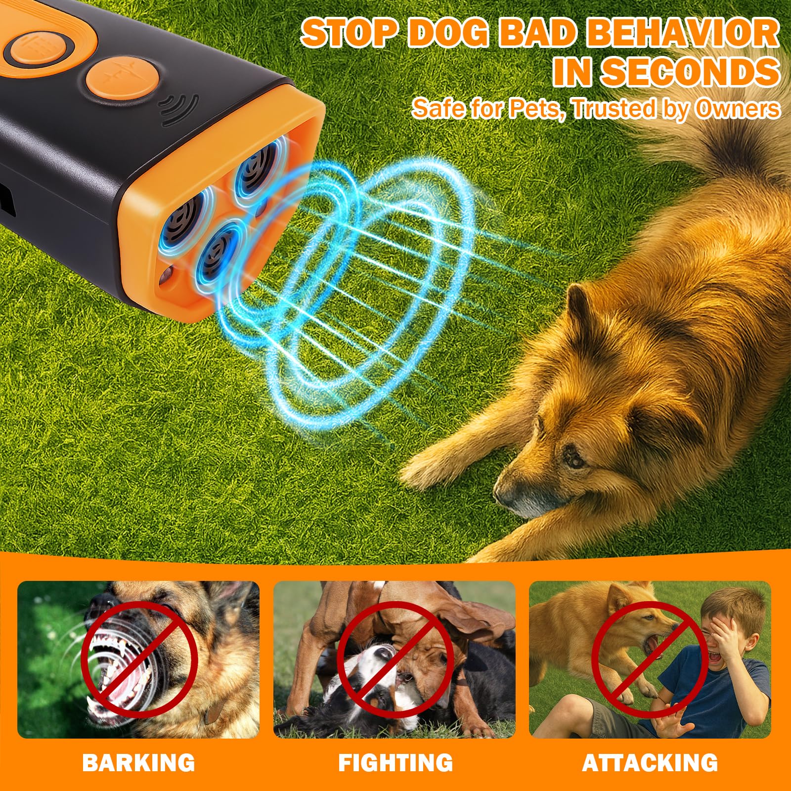 Dispositivo disuasorio de ladridos de perro, dispositivo ultrasónico antiladridos para entrenamiento de perros, seguro y eficaz, hasta 35 pies de largo alcance, recargable y portátil