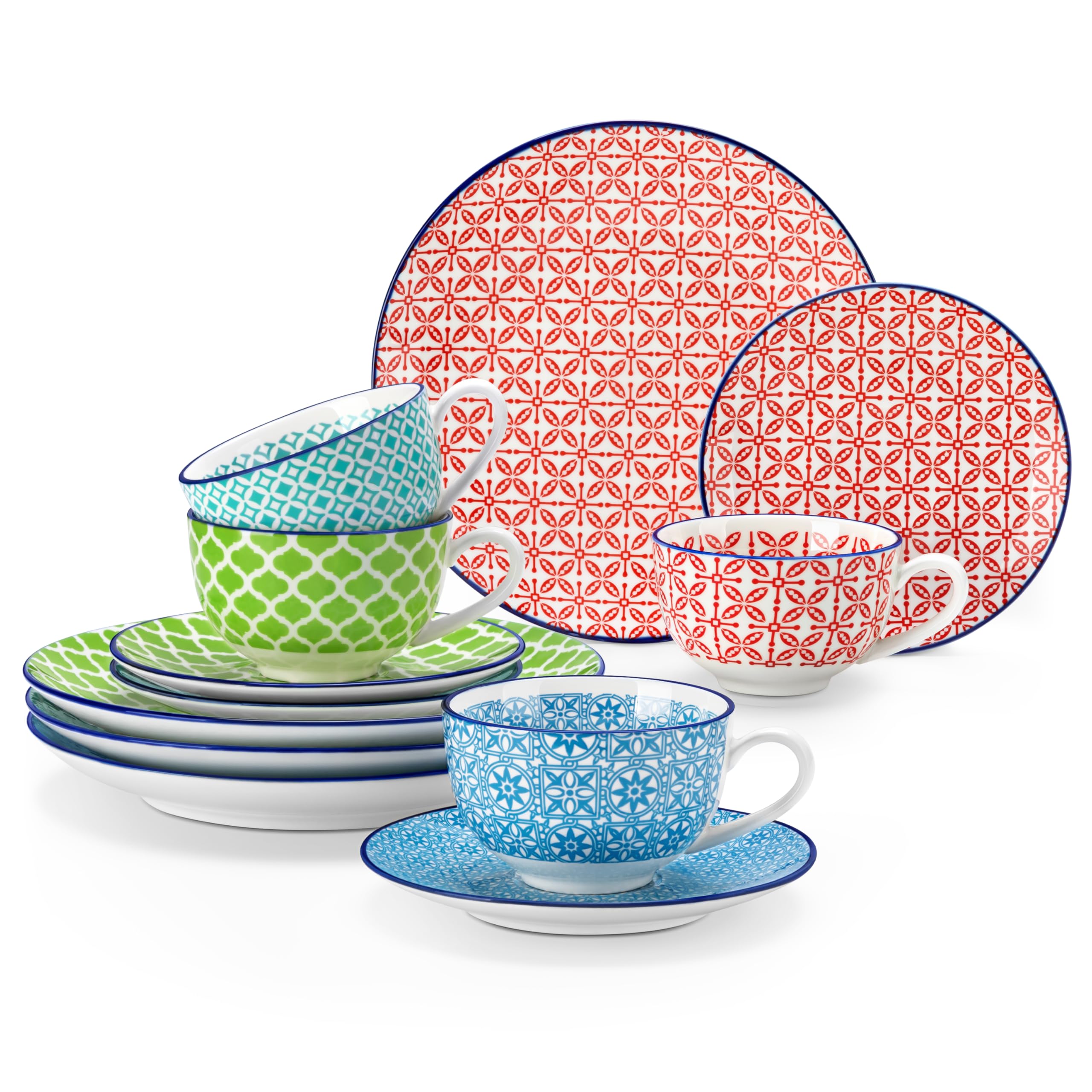 vancasso Zestaw 12 filiżanek i spodków do makaronu – wielokolorowy porcelanowy zestaw filiżanek do kawy i herbaty na śniadanie, popołudniową herbatę, marokański ręcznie malowany zestaw do kawy z