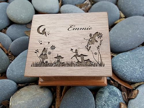 Personalized wooden music box with a fairy garden engraved on the top along with a name, perfect gift for birthdays, baby sisters or christmas,