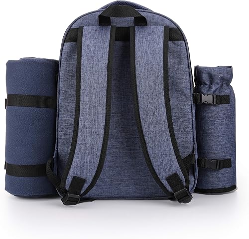 Miniatura 79 de apollo walker Mochila de picnic para 2 personas con compartimento refrigerador, soporte desmontable para botellas/vino, manta de vellón, platos