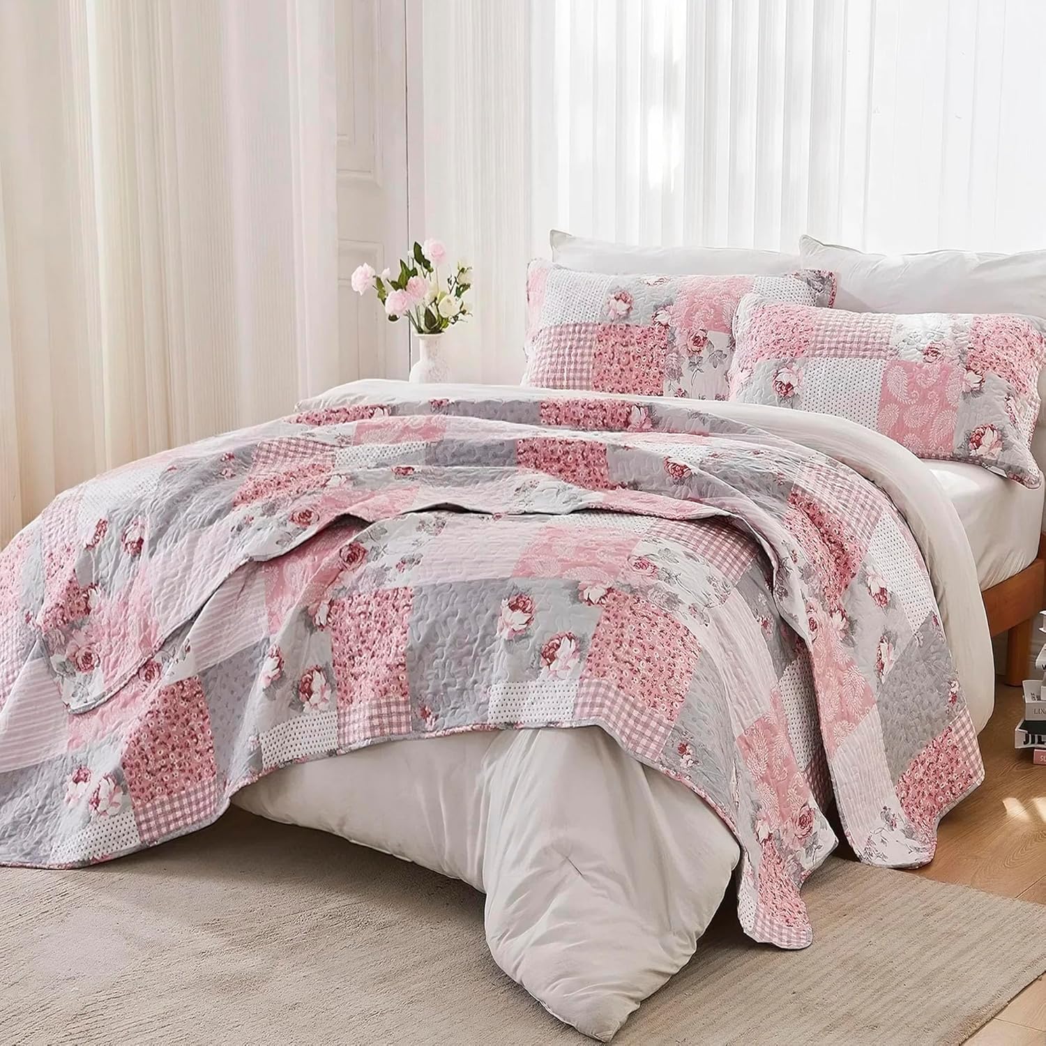 Oversized King Size Pink Grey Floral Quilt Set 128x120 Plaid Patchwork Extra Wide Super King Size Comforter Rversible Quilted Bedspread Coverlet Set 3-Piece Bedding Set Bed Cover with 2 Pillow Shams | Oversized King Quilt, Pink Plaid Quilt Set, 128x120 Quilt, Floral Quilt Set, Rversible Quilt, Patchwork Quilt - Image 5