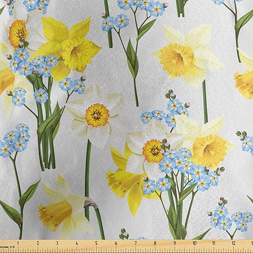 Lunarable Daffodils Fabric by The Yard, Forget Me Not Flowers and Daffodil Blossom Leaf Bouquet Spring Garden, Decorative Satin Fabric for Home