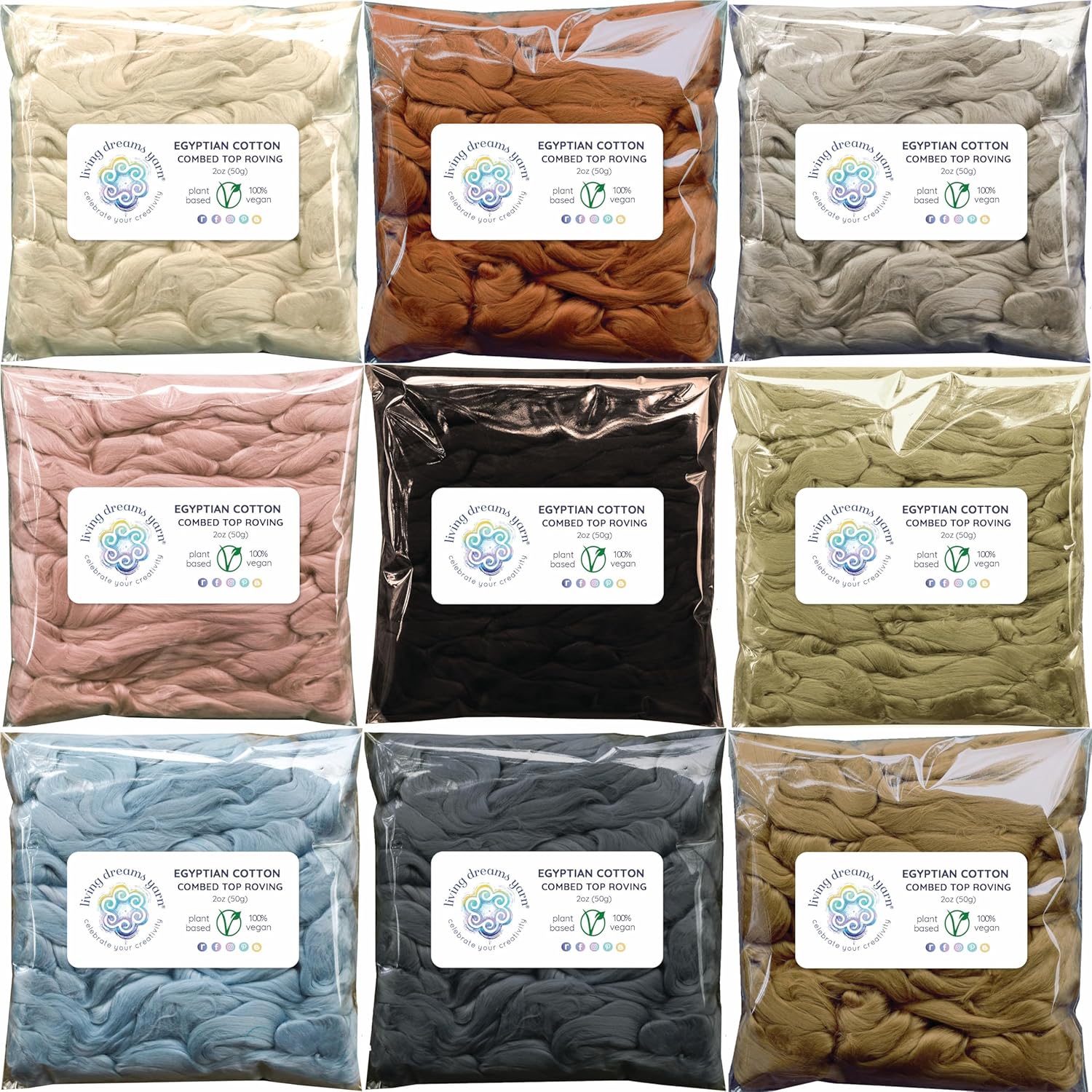 Cotton Fiber Variety Pack for Spinning, Blending, Felting & Fiber Arts. Natural Vegan Combed Top Roving. 9 Beautiful Neutral Tones