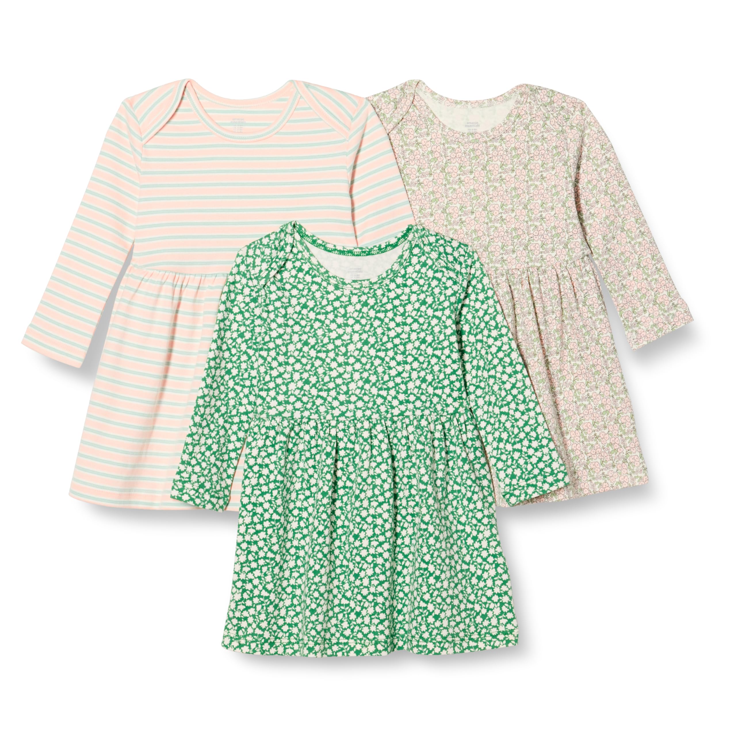 Amazon Essentials Toddlers and Baby Girls' Cotton Long-Sleeve Dress, Pack of 3