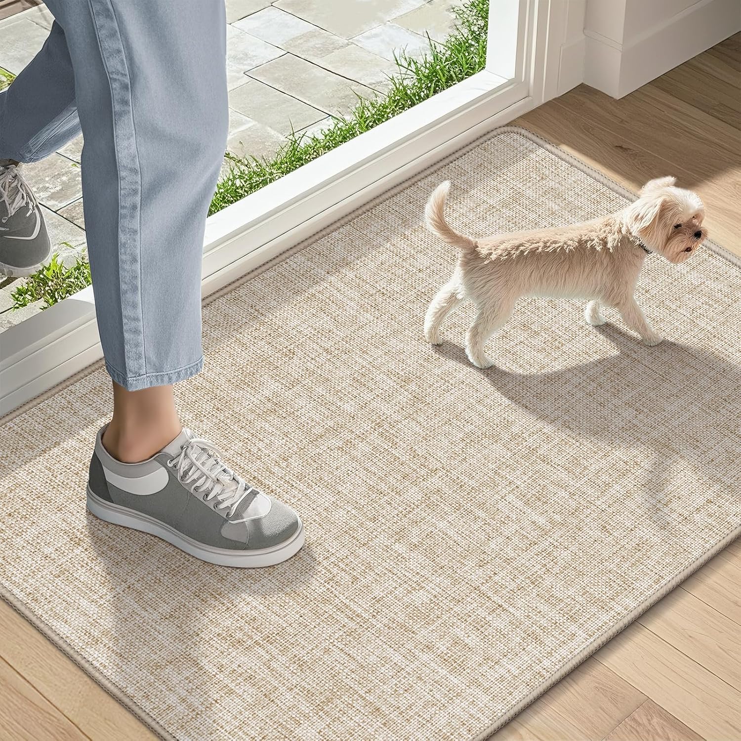 LEKEEPGO Ultra Thin Indoor Door Mat 17"x29", Low-Profile Door Mat Indoor Entrance, Non Slip Rubber Backing Inside Doormat Washable Welcome Front Entryway Dirt Trapper Entry Mat, Khaki