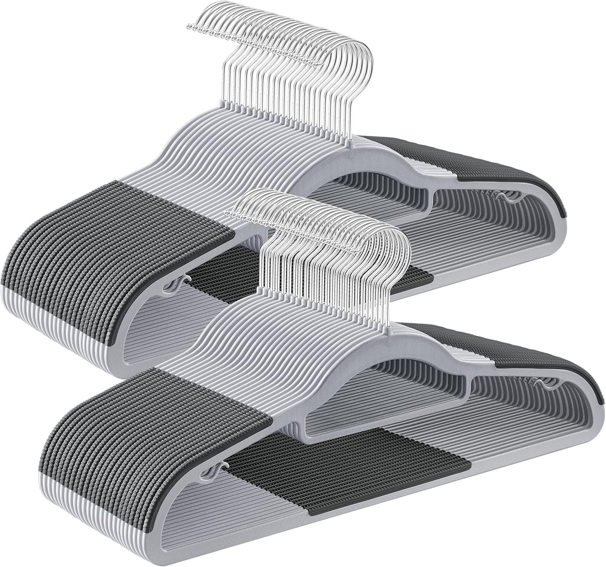 SONGMICS Pack of 50 Coat Hangers, Space-Saving Plastic Clothes Hangers, Non-Slip, 0.2 Inches Slim, 16.5 Inches Wide, 360° Swivel Silver Hook, Light Gray and Dark Gray UCRP20G50