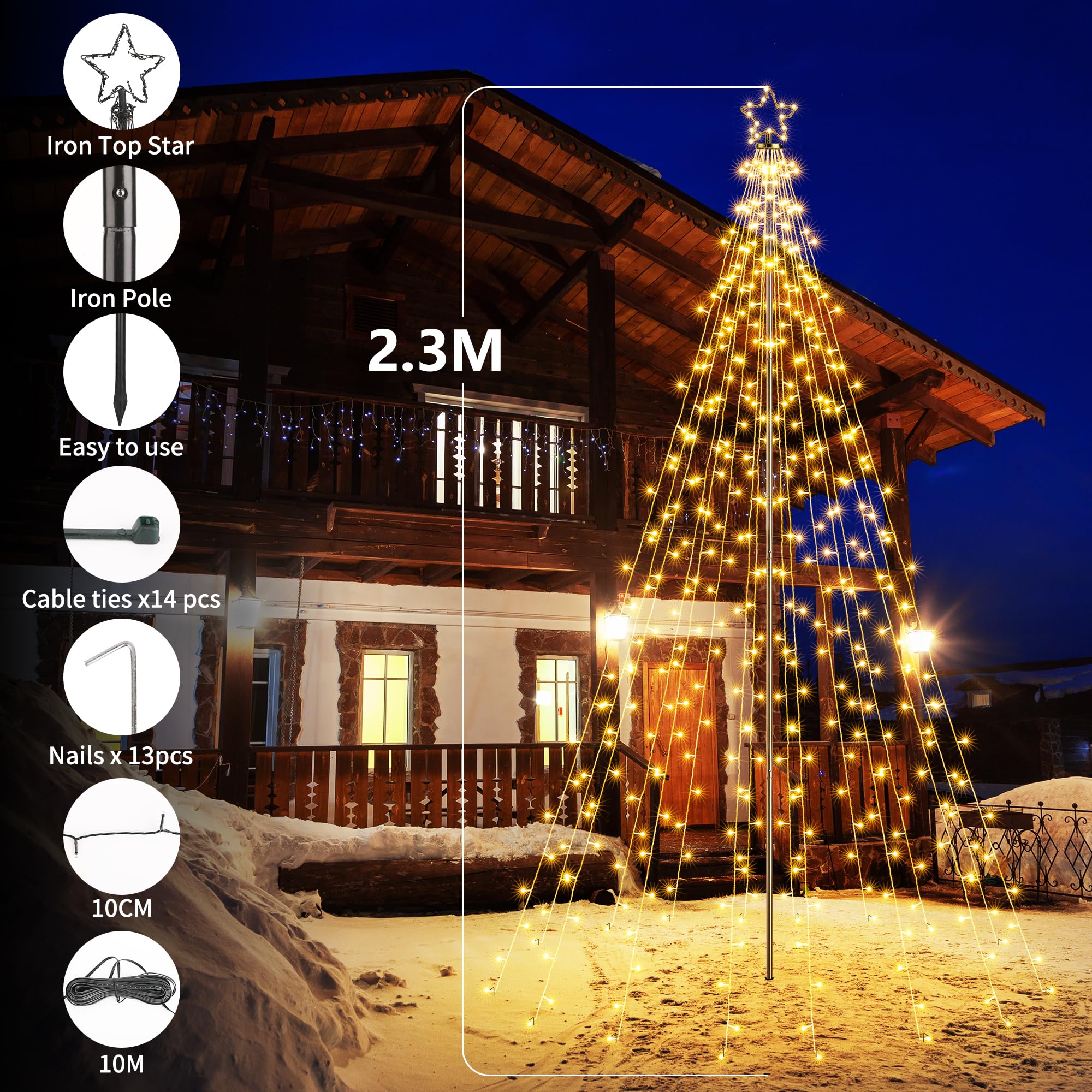 Joomer Weihnachtsbeleuchtung Außen 274 LED 2,3M Warmweiß Dimmbar | Christbaumbeleuchtung mit Sterne Weihnachtsdeko mit Fernbedienung 8 Modi Weihnachtsbaum Außen Lichterkette für Rasen Garten