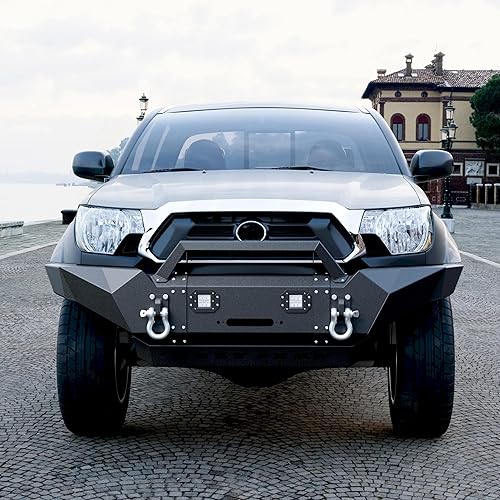 Miniatura 4 de KUAFU Parachoques delantero compatible con Toyota Tacoma 2005-2015 con placa de cabrestante  luces LED  anillos en D 3 piezas color negro