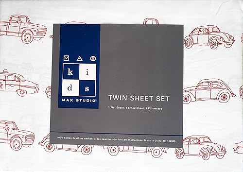 Miniatura 2 de Vehículos, camionetas, coches de policía, camiones de bomberos, en rojo sobre blanco, juego de sábanas de algodón Max Studio Kids de 3 piezas tamaño