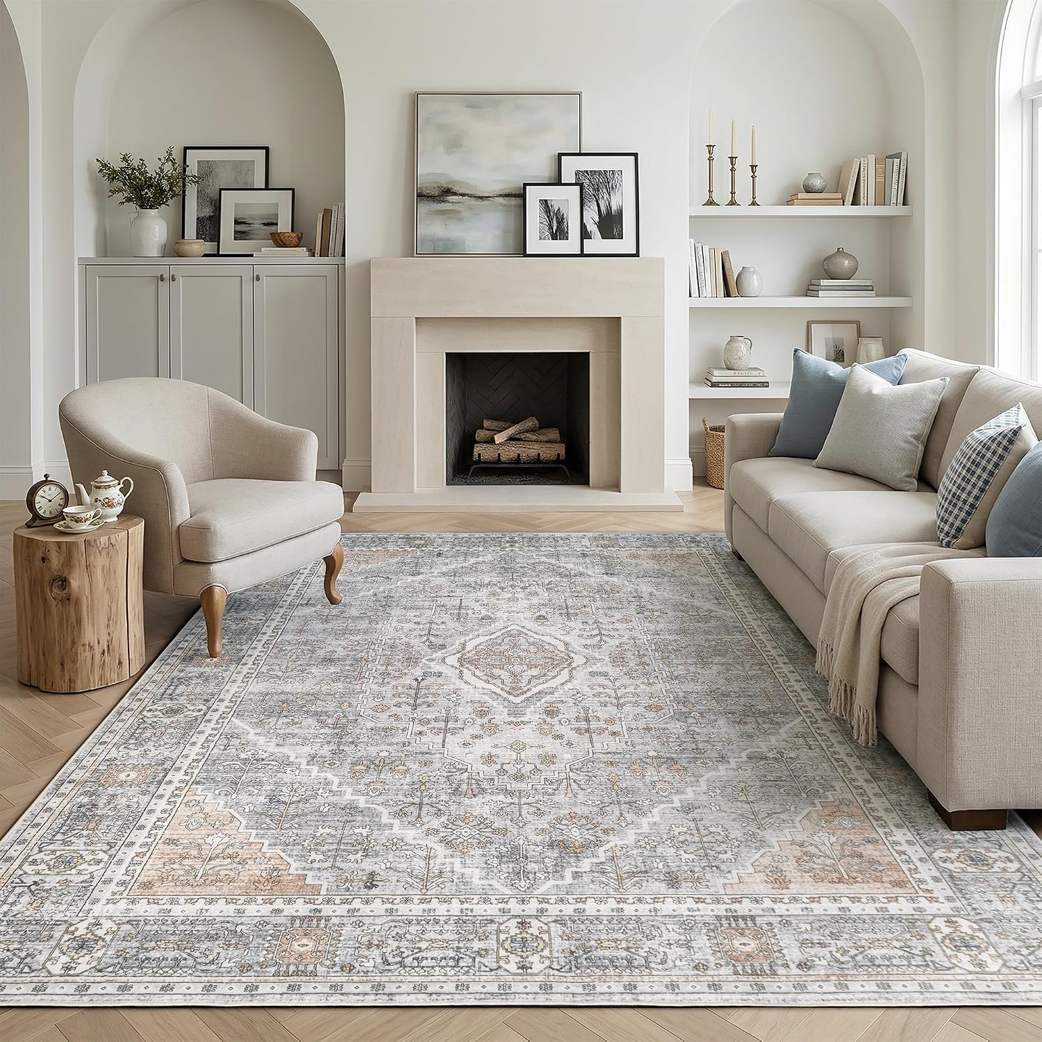 Gray with Beige Rug 5x7 Washable Area Rugs for Living Room,Rug for Bedroom, Vintage Distressed Non-Slip, Ultra Soft Faux Wool Carpet for Dining Room, Terracotta Accents for Home Office Décor