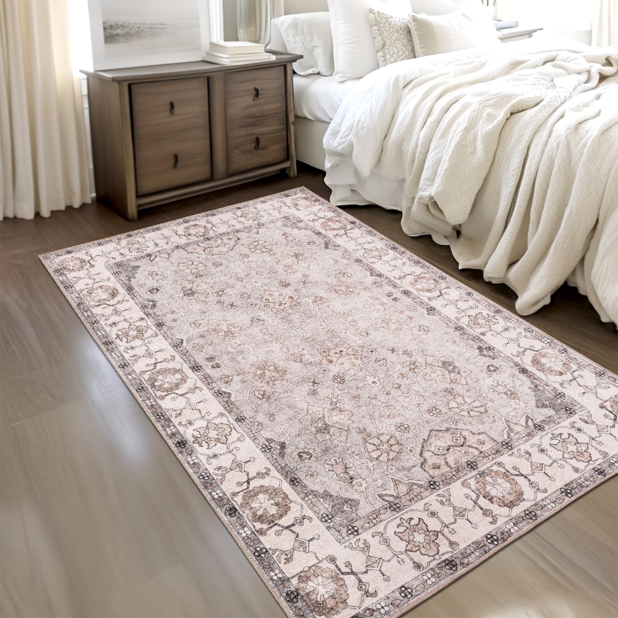 homeart Grand tapis lavable en machine - 67 % coton - Avec envers antidérapant - Ne perd pas ses poils - Pour salon, chambre à coucher, cuisine, salle à manger, couloir - Motif floral crème gris 200 x