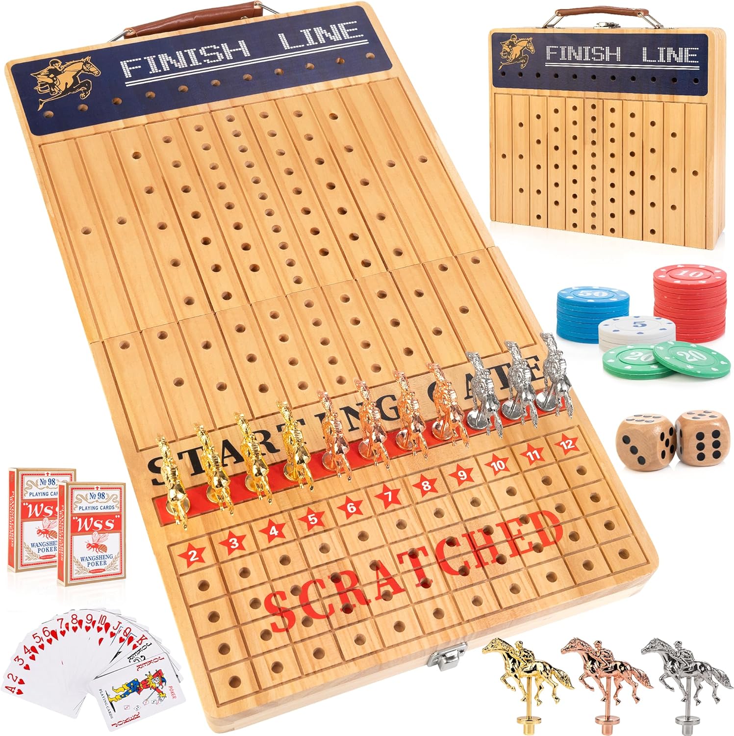 Bravmate Large 21 Inches Horse Race Board Game, Solid Wood Foldable Horse Racing Game with 11 Luxury Metal Horses, 2 Wooden Dice, 2 Boxes of Cards, 80 Chips for Parties
