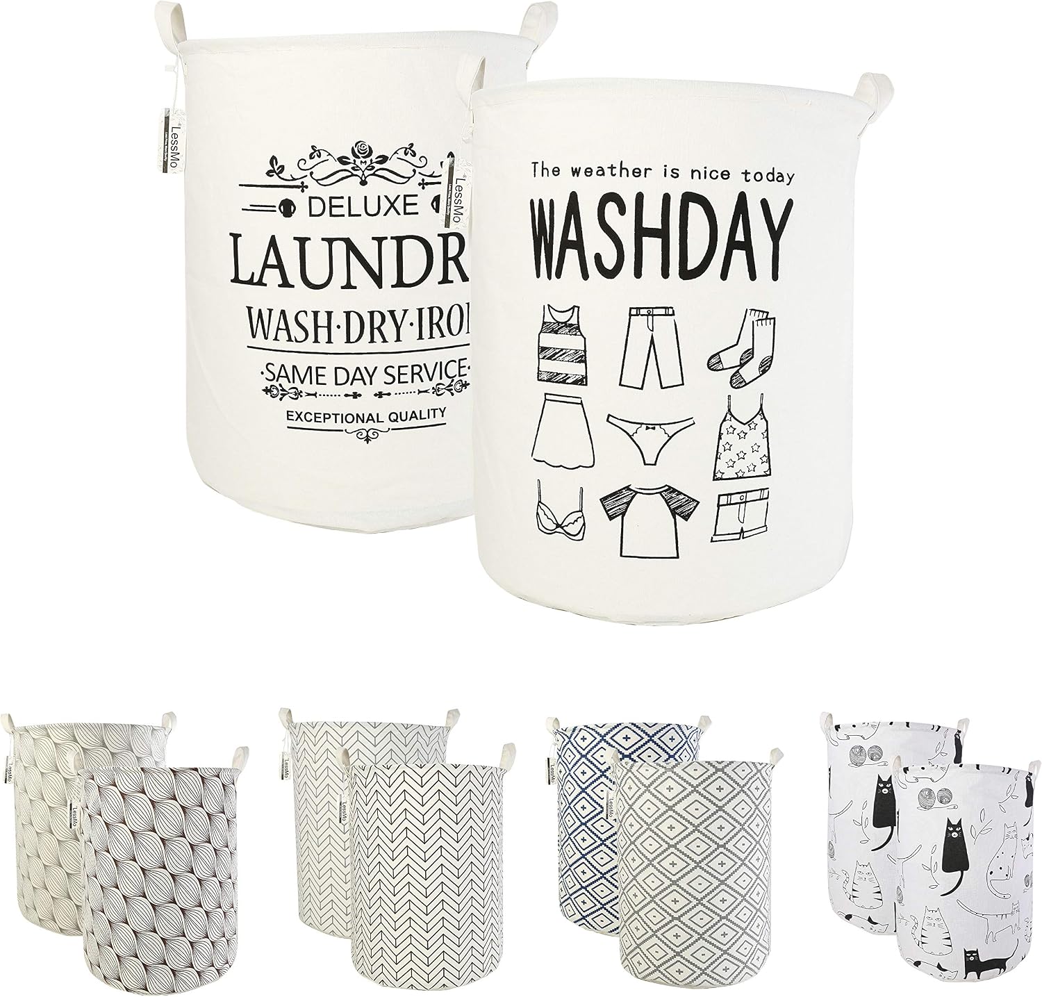 LessMo 2Pcs 19.7" Laundry Hamper, Collapsible Storage Basket With Easy Carry Handles, Waterproof Round Cotton Linen