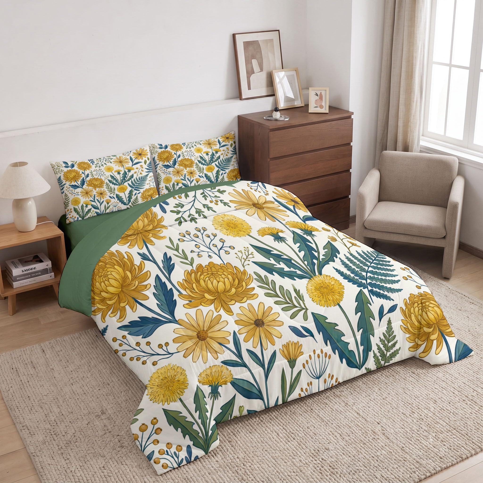 Chrysanthemen Löwenzahn Farne Bettdecke Ohne Bezug 140x200cm | 4 Jahreszeiten Warme & Weiche Bettdecken - Vintage Handbemalte Blumen Steppdecke Ohne Bezug Nutzbar Schlafzimmer Deko Mit 2 Kissenbezug