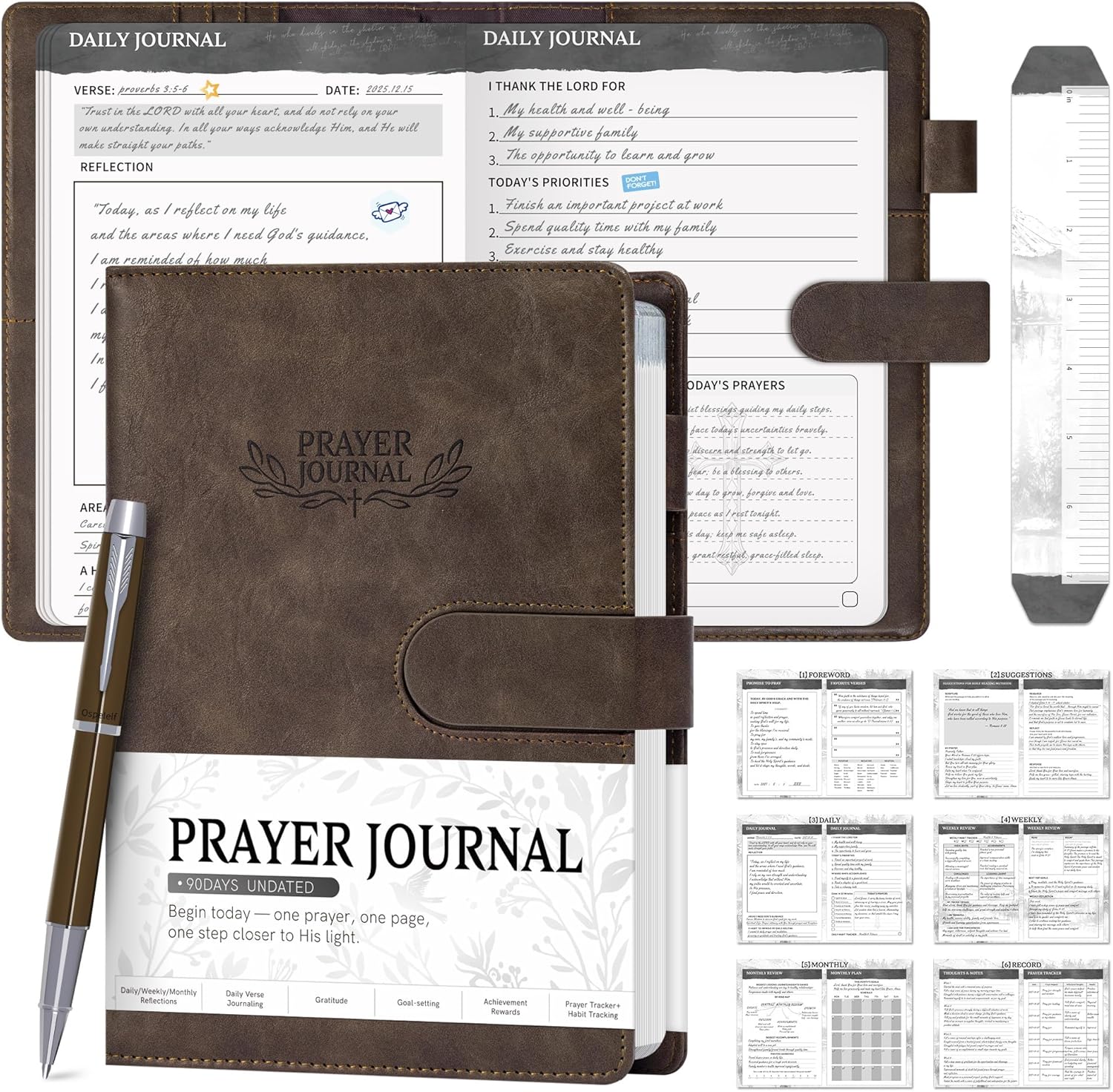 Ospelelf Brown Christian Daily Prayer Journal for Men, Faux Leather Gratitude Journal Planners, Undated 3 Month Bible Notebooks for Note Taking