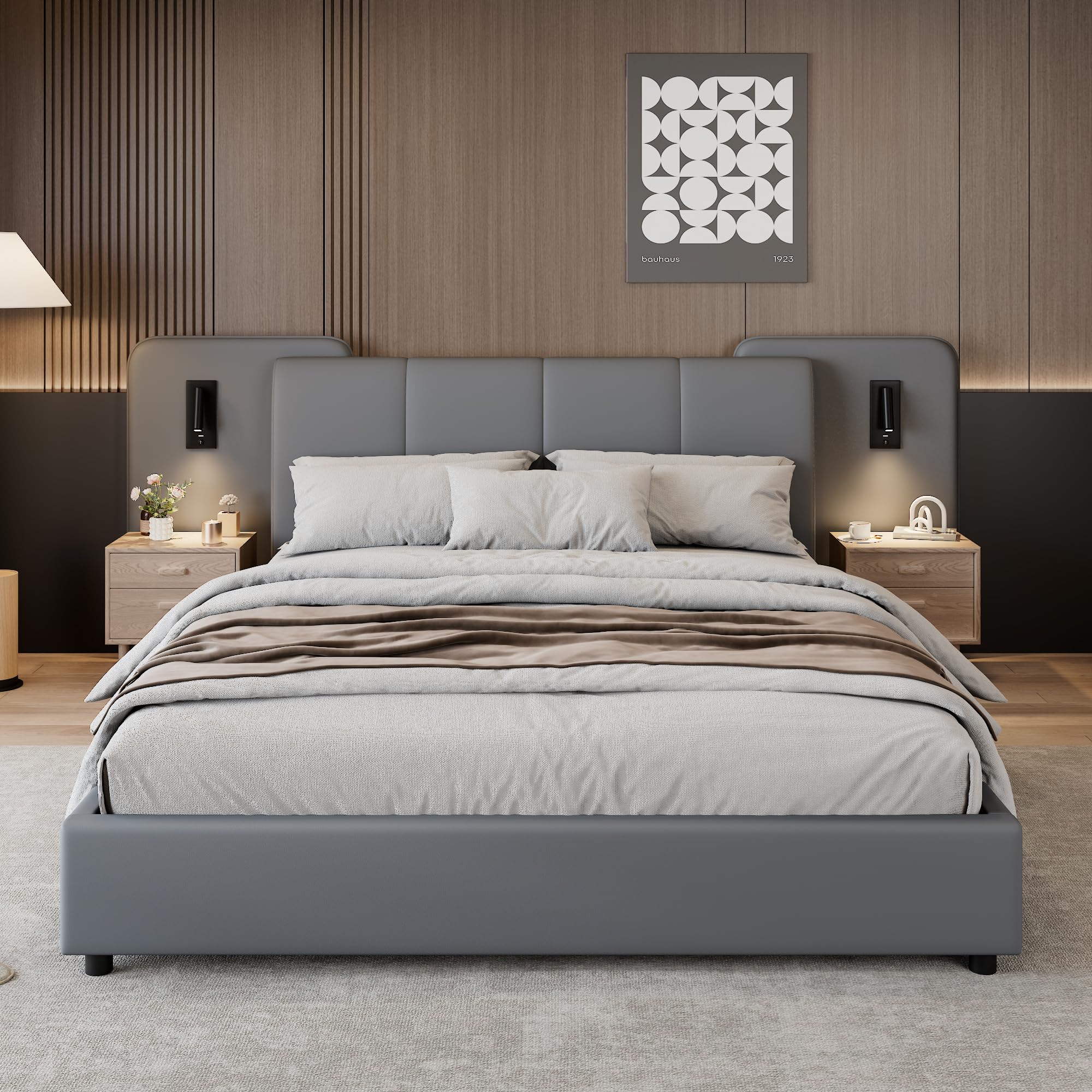 Ball & Cast Upholstered bed, With charging port and lighting, 4ft6 double bed 135×190cm, Soft sponge headboard backrest, Anti-collision sponge filling, PU + Plywood, Grey