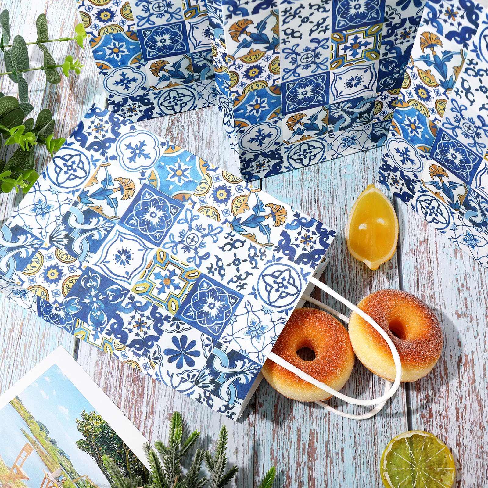 JarThenaAMCS Papiertüten mit Seidenpapier, Vintage-Stil, mediterran, Geschenktüten mit Griff, für Babyparty, Hochzeit, Party, Gastgeschenk, 24 Stück