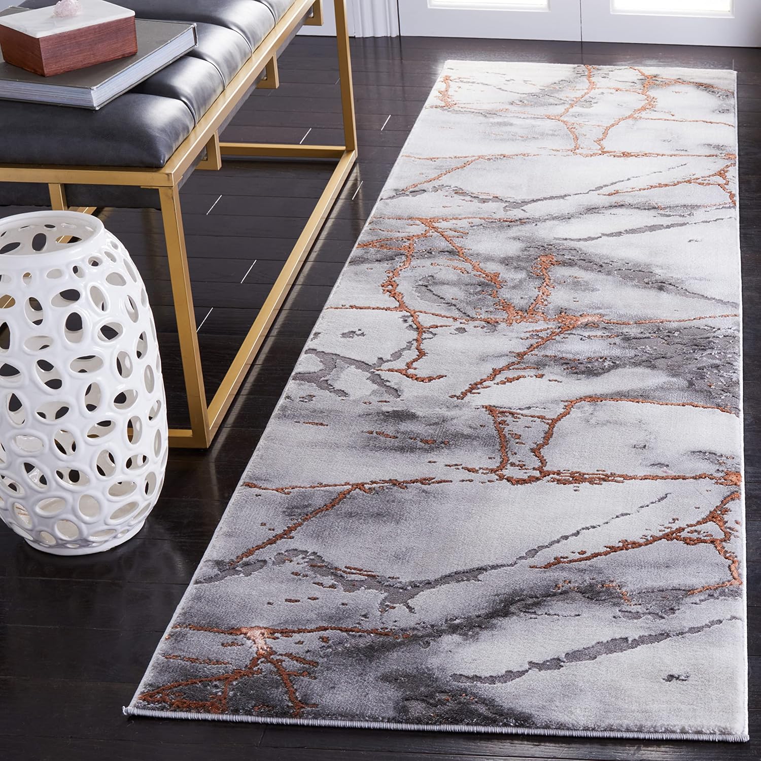SAFAVIEH Craft Collection Runner Rug – 2’3″ x 18′, Grey & Orange, Modern Abstract Marble Pattern Design, Non-Shedding & Easy Care, Ideal for High Traffic Areas in Living Room, Bedroom (CFT877P)