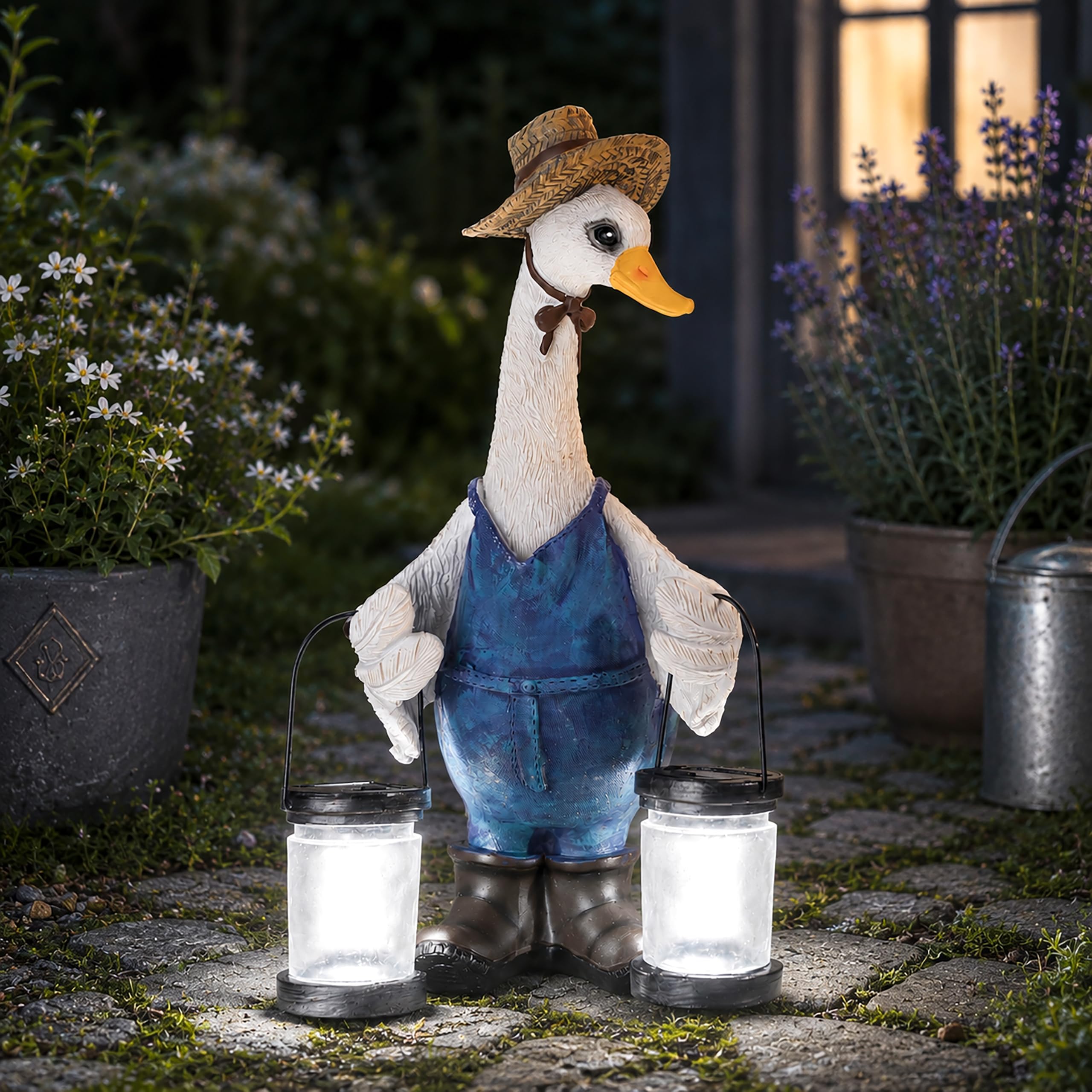 Solar Duck Garden Ornament with Lanterns Resin Outdoor Garden Statue