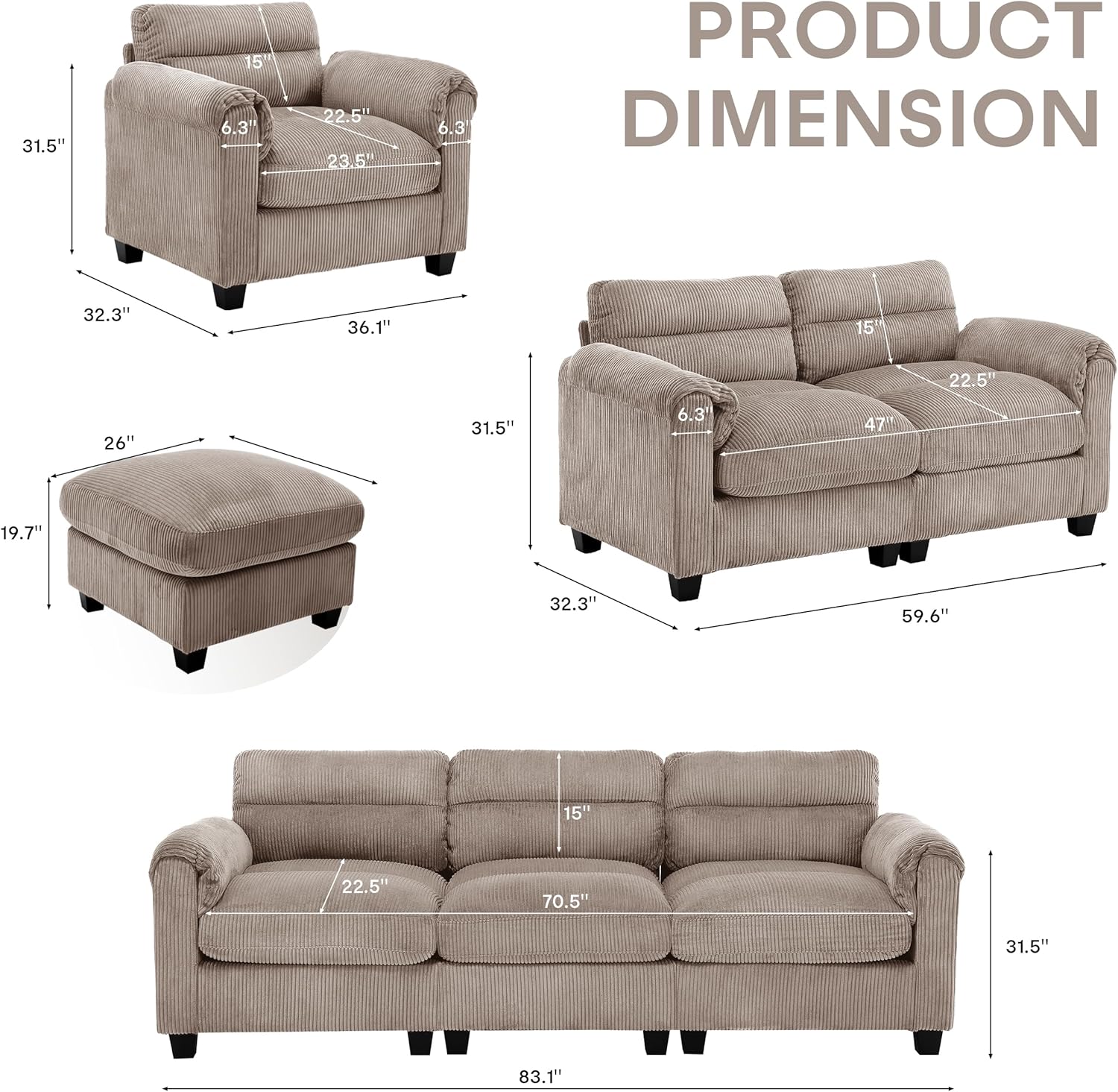 Corduroy Sofa Set,Upholstered Loveseat, and 3-Seater Couch with Plush Cushions and Rolled Arms, Modern Living Room Furniture Sets,Brown