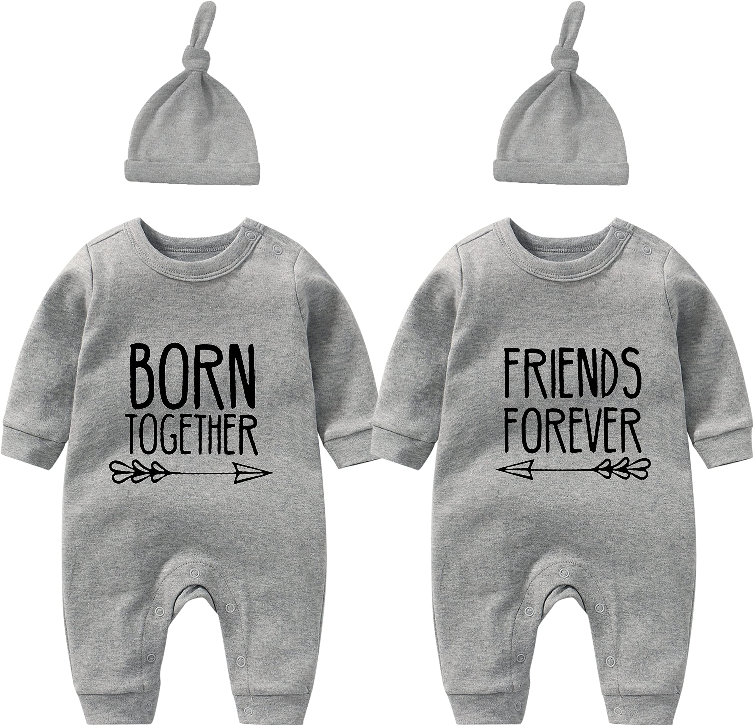 YSCULBUTOL Baby Twins Bodysuit with hat Born Together Friend Forever Baby boy Clothes Toddler Girl Clothes