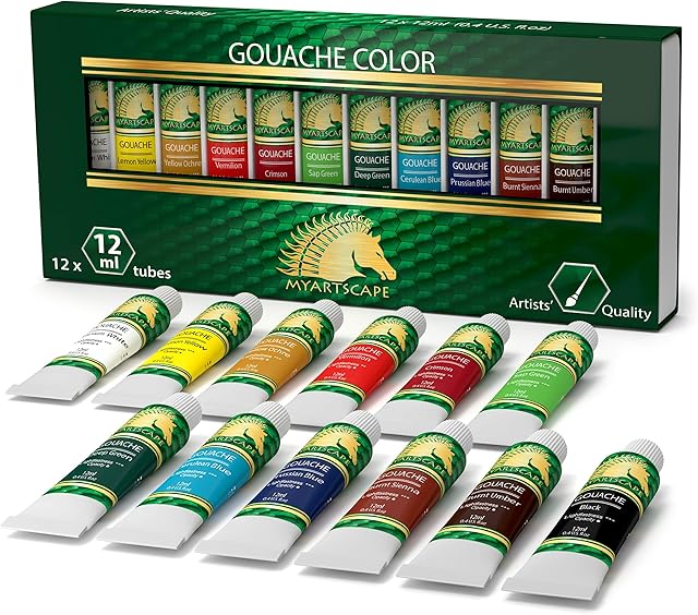 Gouache Paint Set - 12 x 12ml Tubes - Artist Quality Colors - for Art on Watercolor Paper, Illustration Board, Artboard & Masonite - Includes Black and White - Professional Supplies by MyArtscape