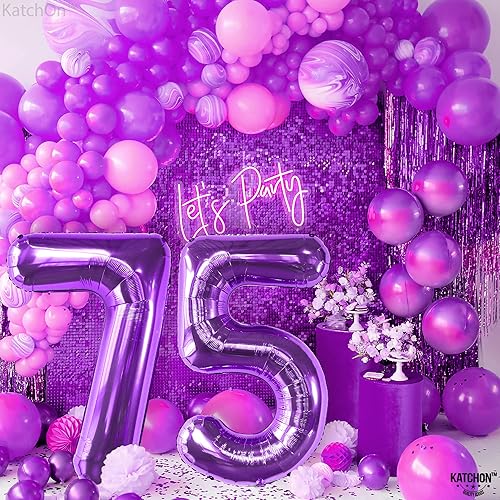 Miniatura 6 de KatchOn, Globos morados gigantes del número 75 de 40 pulgadas, globos morados de 75 cumpleaños, decoraciones de cumpleaños de 75 años, decoraciones